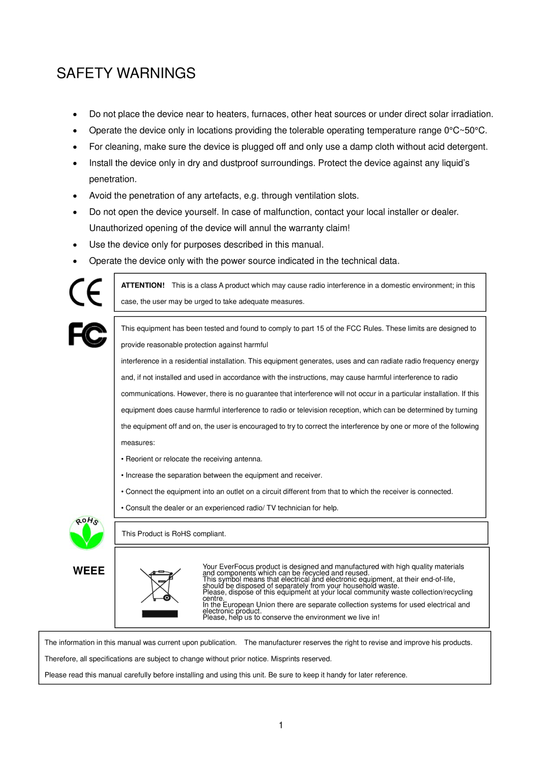 EverFocus EKB200 manual Safety Warnings, Weee 