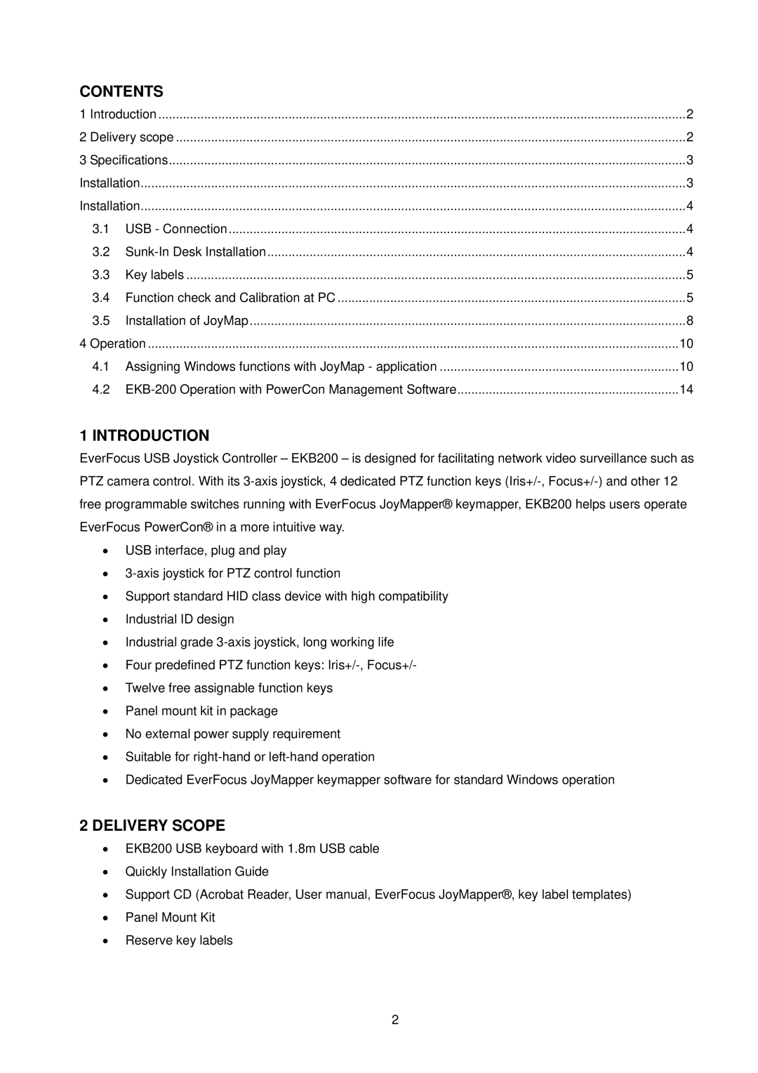 EverFocus EKB200 manual Contents, Introduction, Delivery Scope 