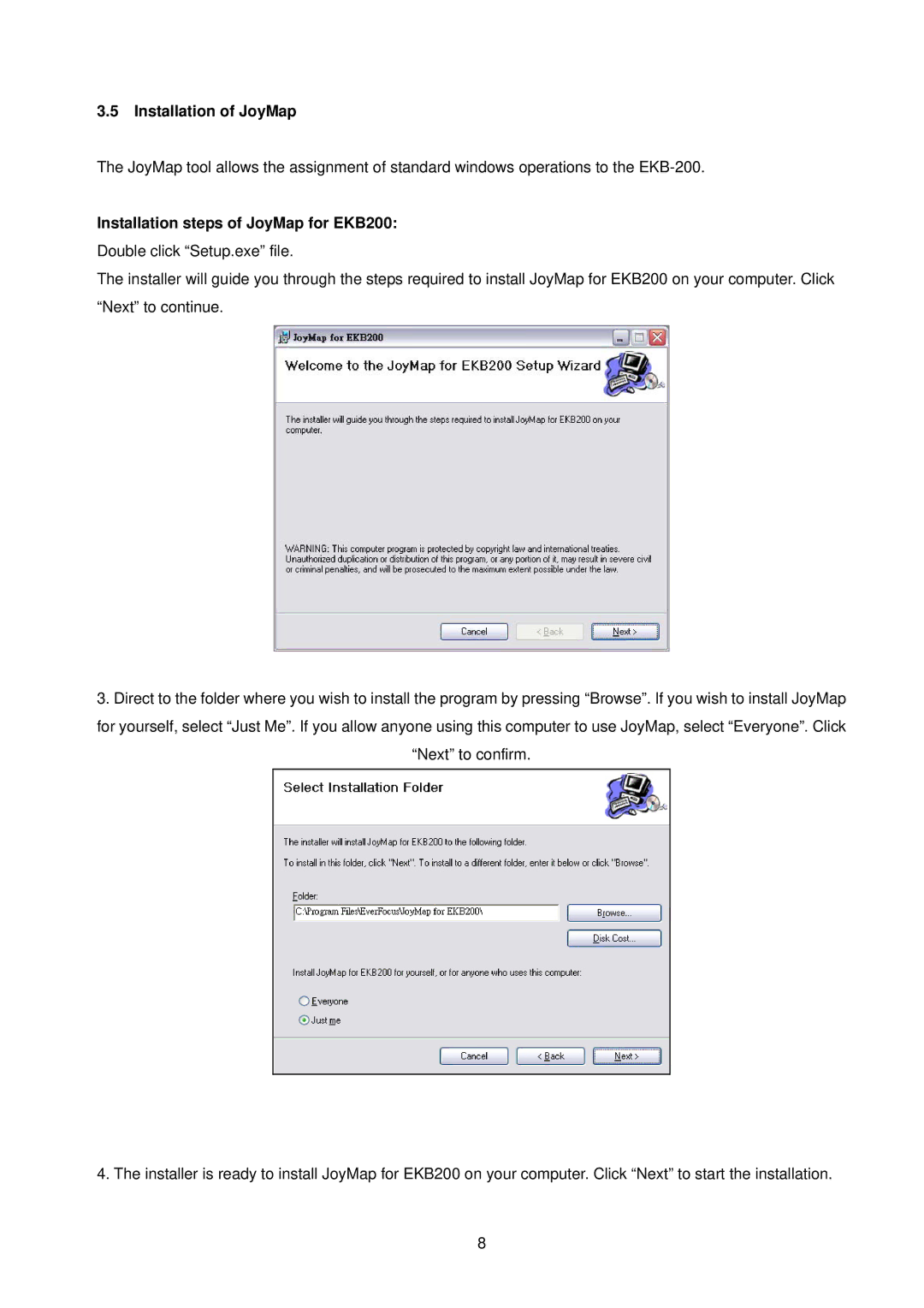 EverFocus manual Installation of JoyMap, Installation steps of JoyMap for EKB200 