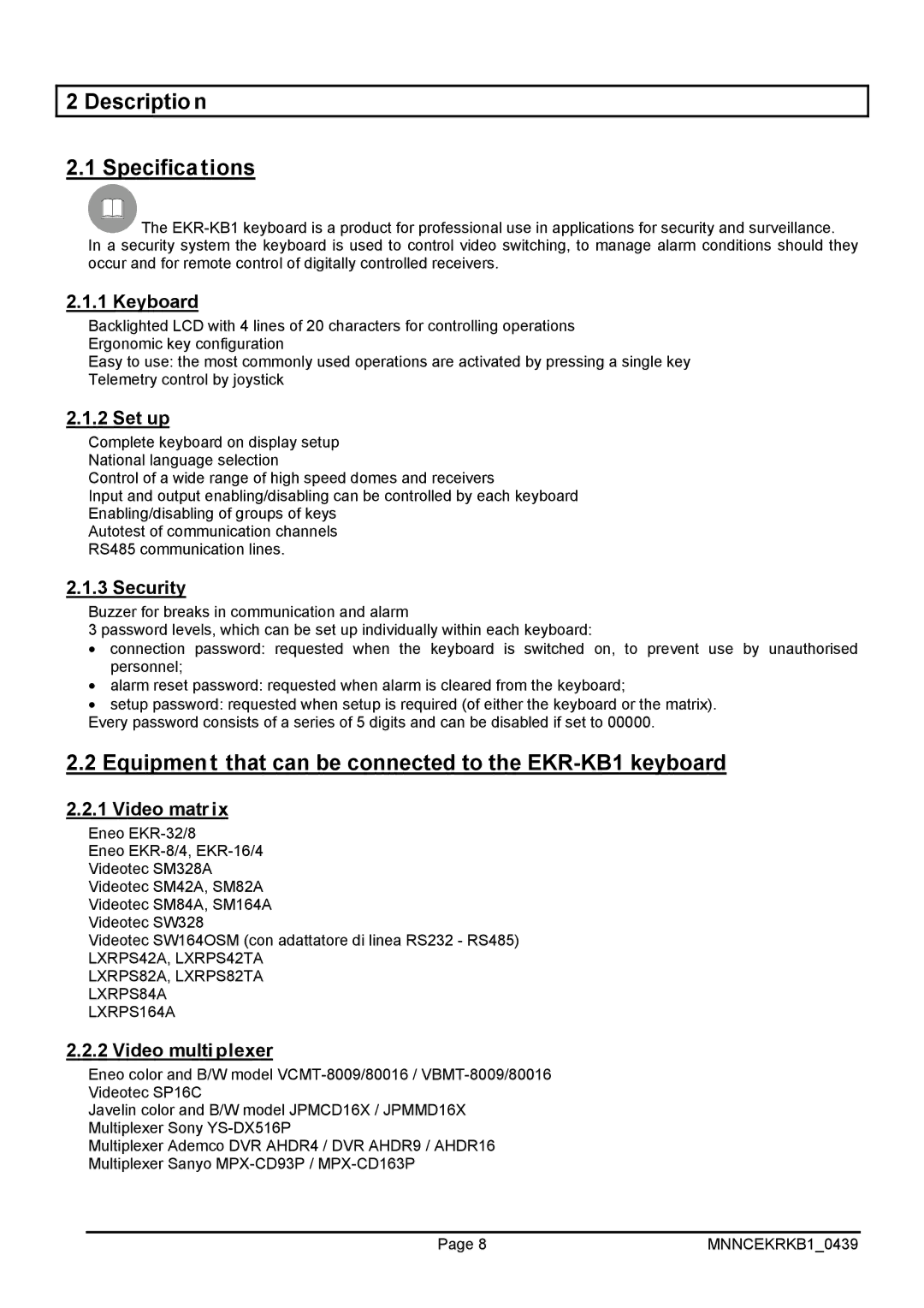 EverFocus operating instructions Description Specifications, Equipment that can be connected to the EKR-KB1 keyboard 