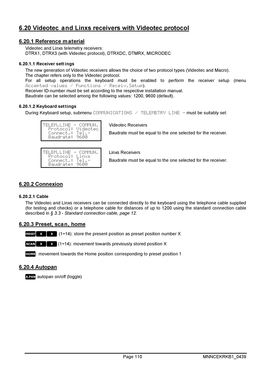 EverFocus EKR-KB1 Videotec and Linxs receivers with Videotec protocol, Reference material, Receiver settings 