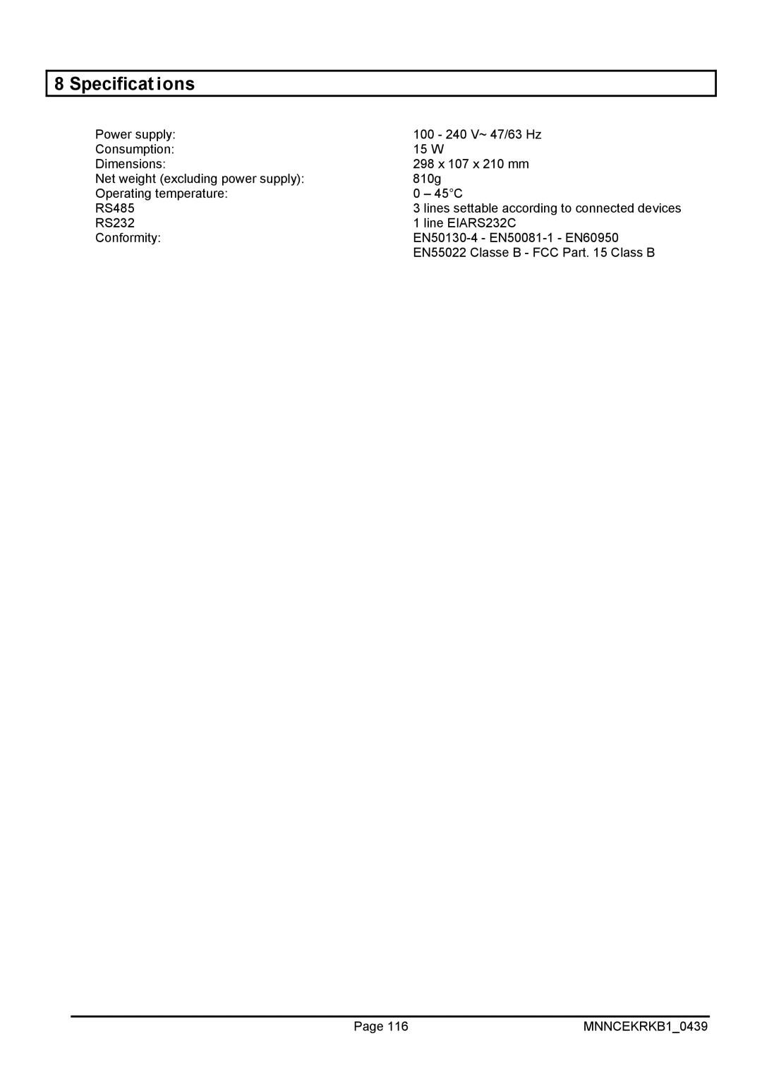 EverFocus EKR-KB1 operating instructions Specifications 