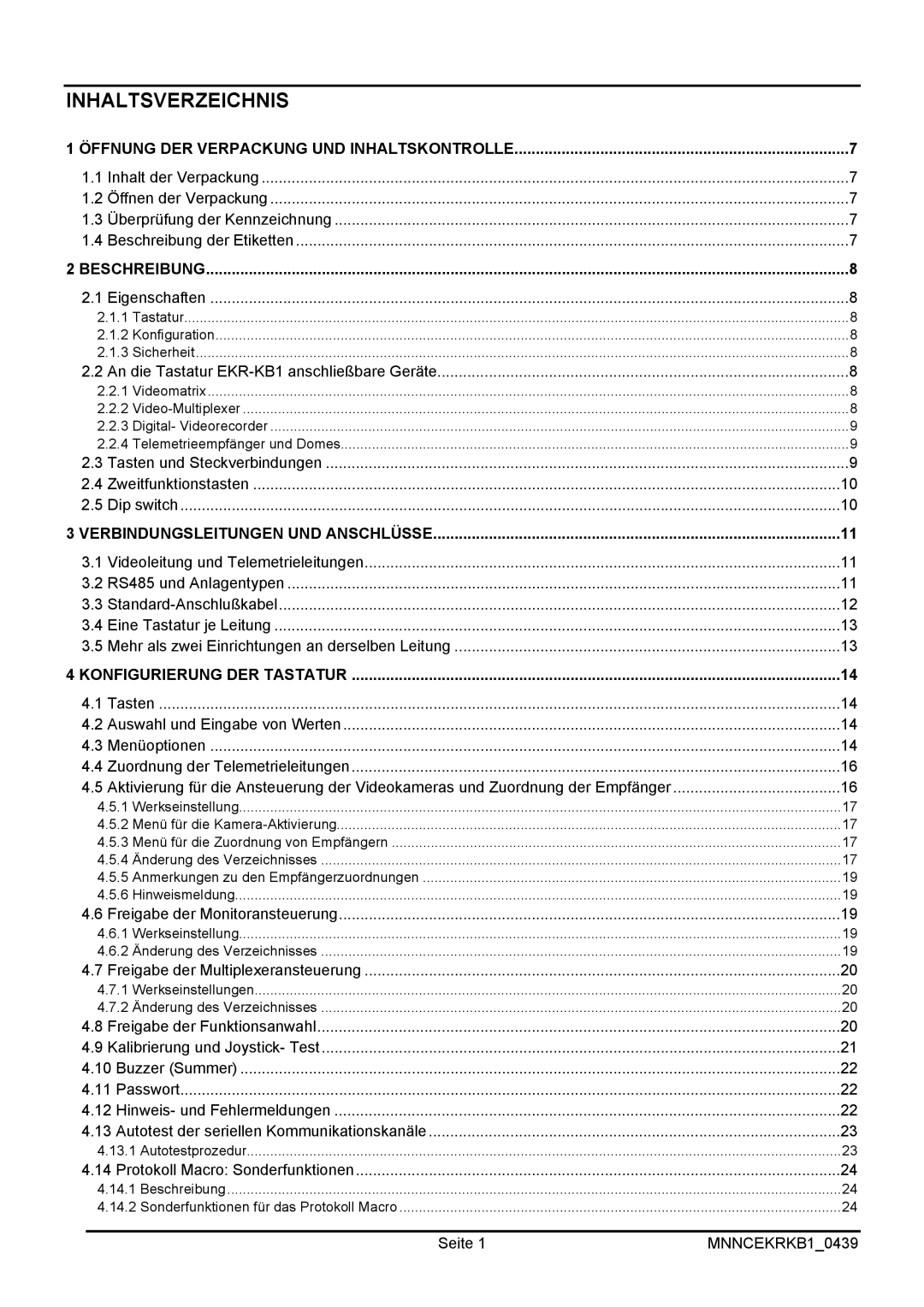 EverFocus EKR-KB1 operating instructions Inhaltsverzeichnis 