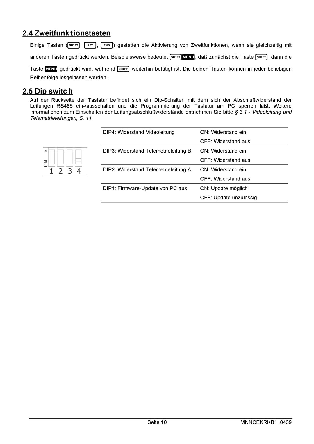 EverFocus EKR-KB1 operating instructions Zweitfunktionstasten, Dip switch 