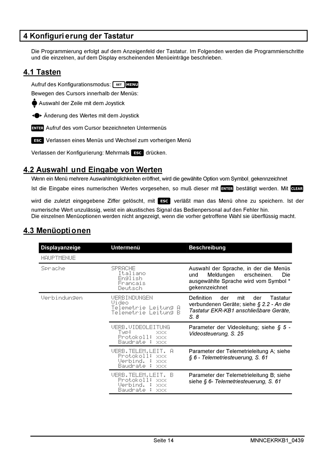 EverFocus EKR-KB1 operating instructions Konfigurierung der Tastatur, Tasten, Auswahl und Eingabe von Werten, Menüoptionen 