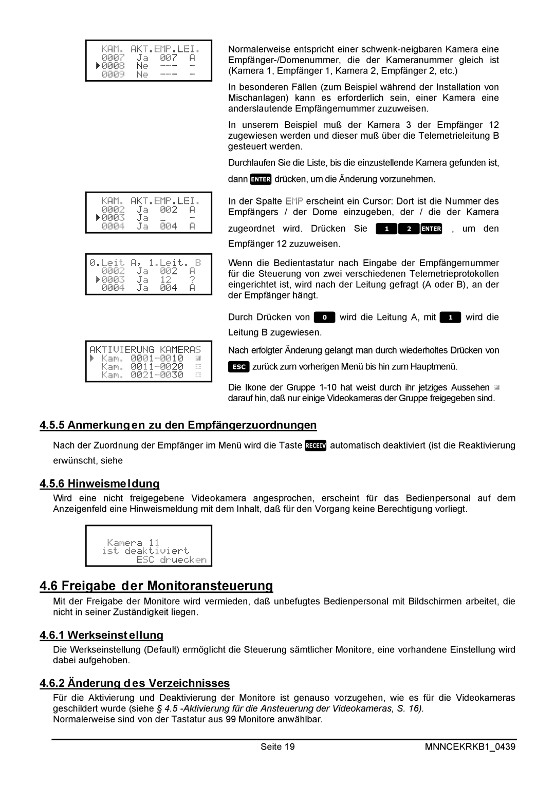 EverFocus EKR-KB1 Freigabe der Monitoransteuerung, Anmerkungen zu den Empfängerzuordnungen, Hinweismeldung 