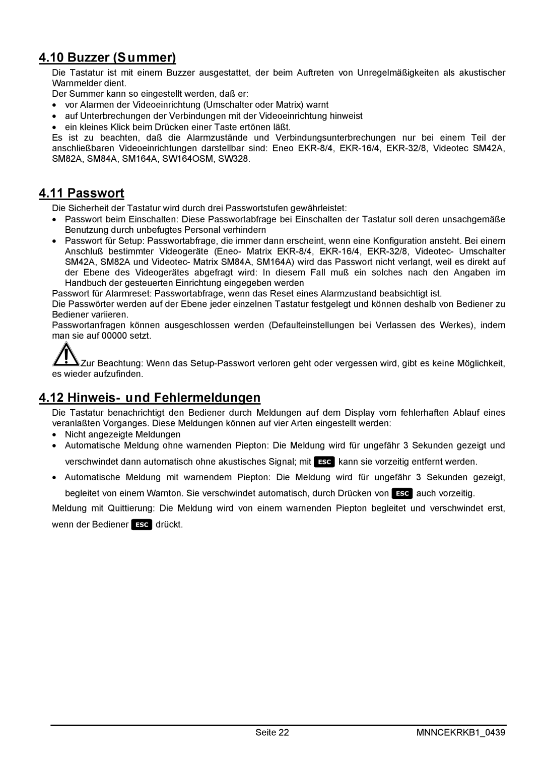 EverFocus EKR-KB1 operating instructions Buzzer Summer, Passwort, Hinweis- und Fehlermeldungen 