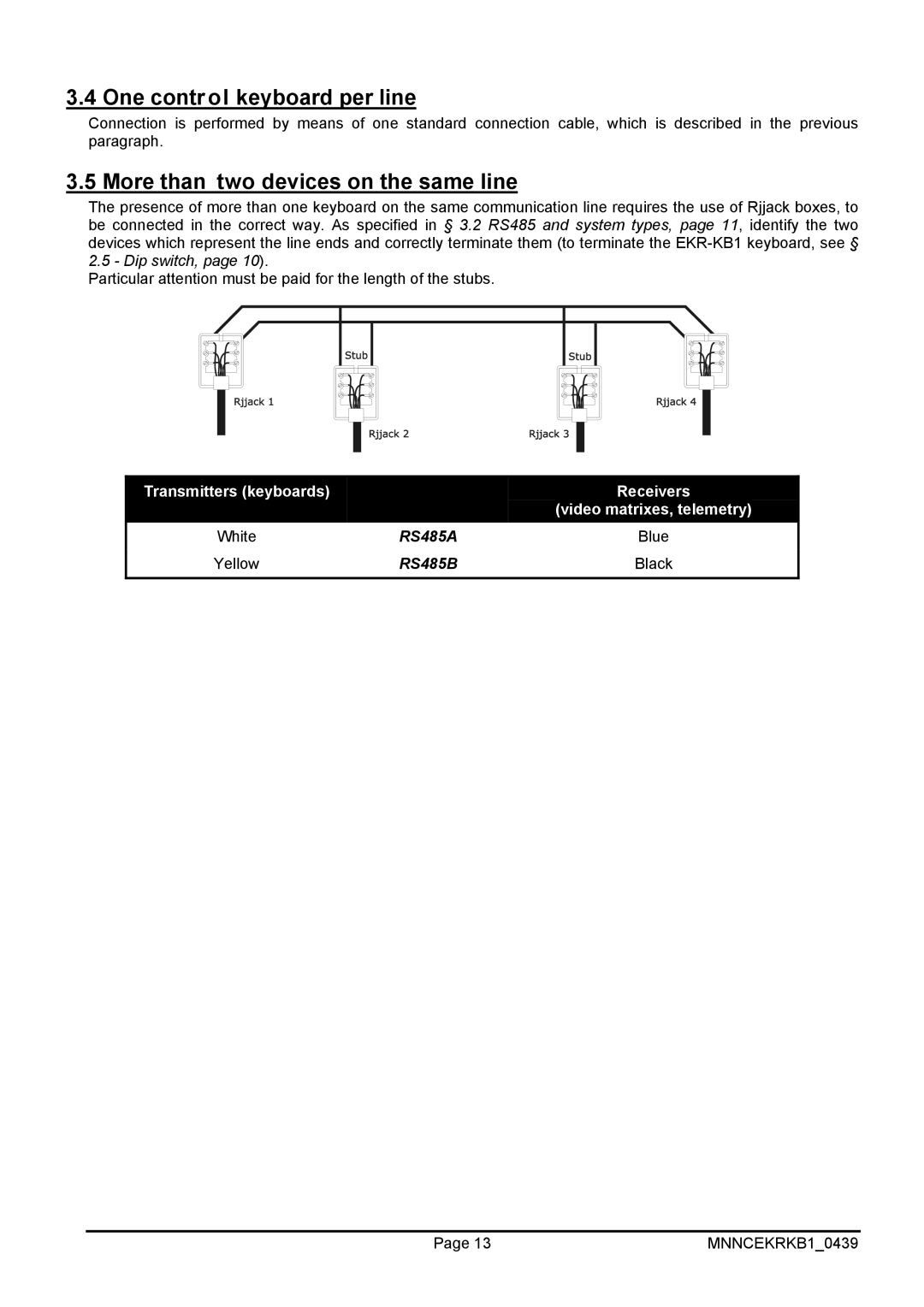 EverFocus EKR-KB1 operating instructions One control keyboard per line, More than two devices on the same line 