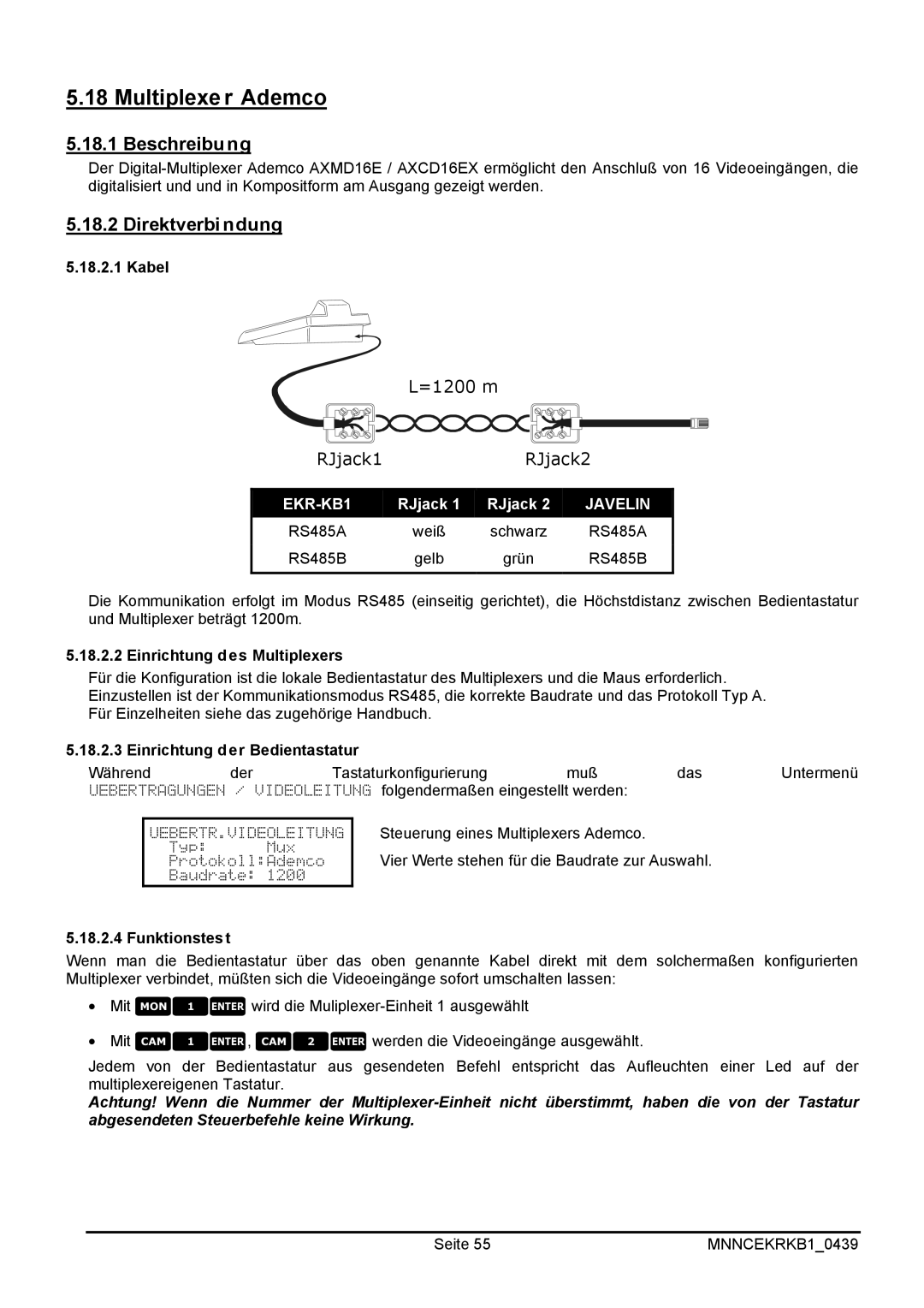 EverFocus EKR-KB1 operating instructions Multiplexer Ademco, Einrichtung der Bedientastatur 