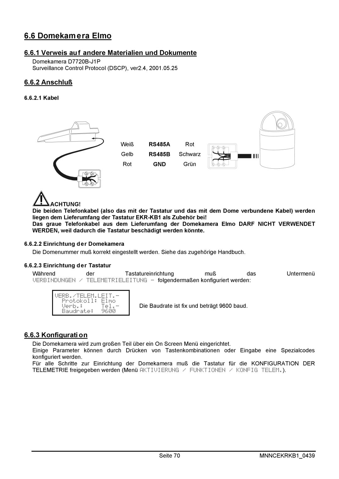 EverFocus EKR-KB1 operating instructions Domekamera Elmo, Verweis auf andere Materialien und Dokumente, RS485A, RS485B 