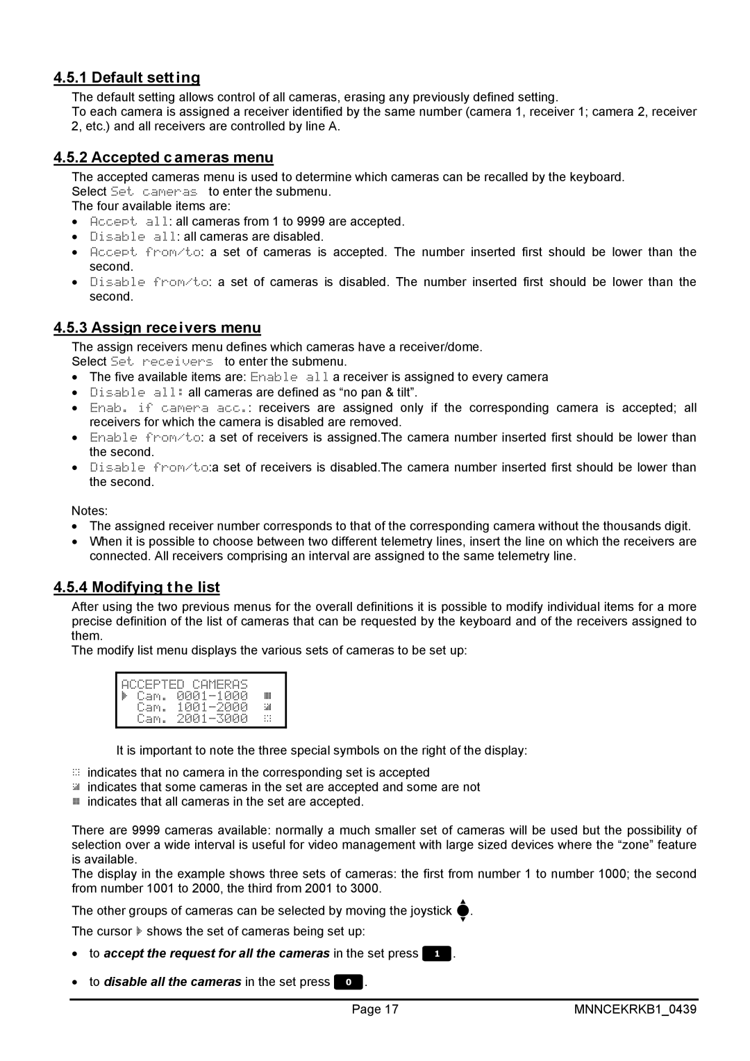 EverFocus EKR-KB1 operating instructions Default setting, Accepted cameras menu, Assign receivers menu, Modifying t he list 