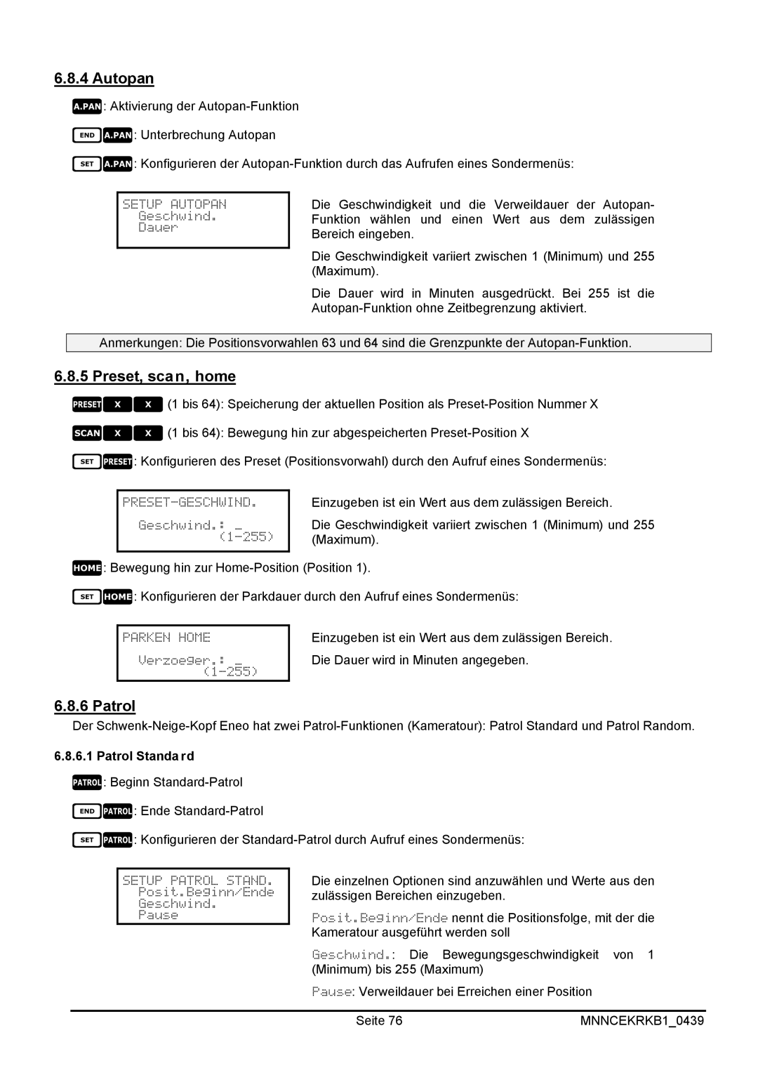 EverFocus EKR-KB1 operating instructions Autopan, Patrol Standard 