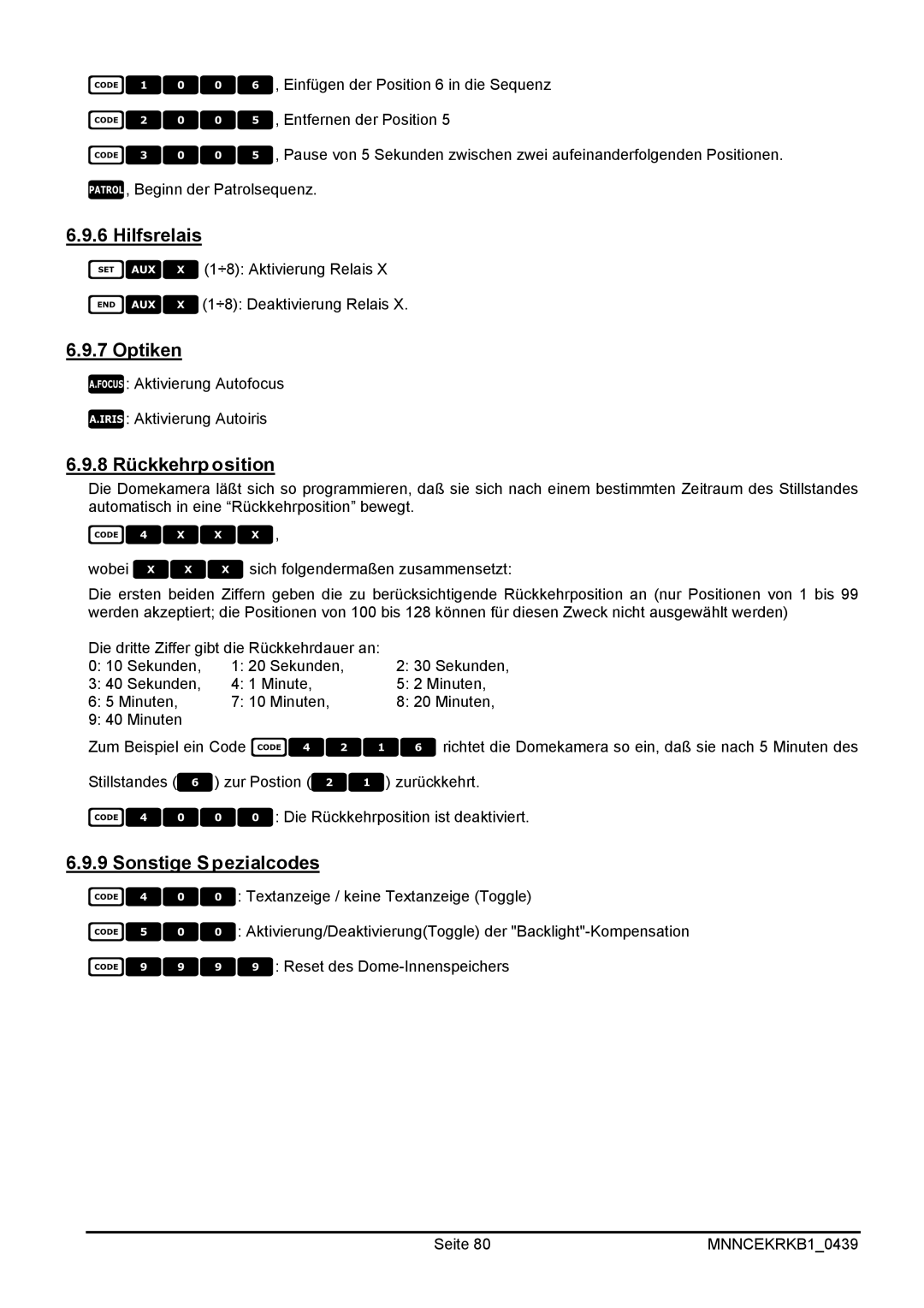 EverFocus EKR-KB1 operating instructions 8 Rückkehrposition, Sonstige Spezialcodes 