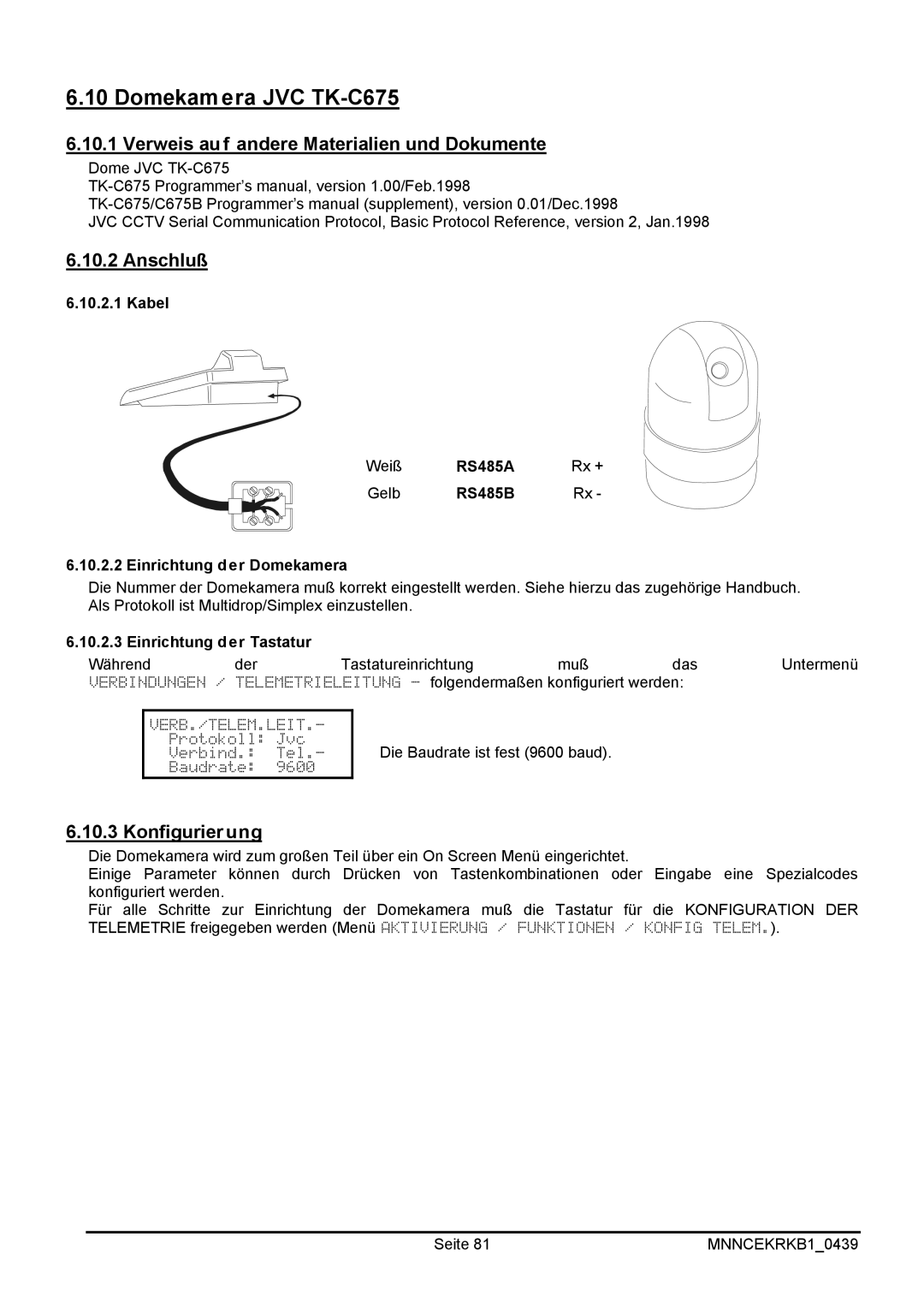 EverFocus EKR-KB1 operating instructions Domekamera JVC TK-C675, Konfigurierung, RS485B Einrichtung der Domekamera 