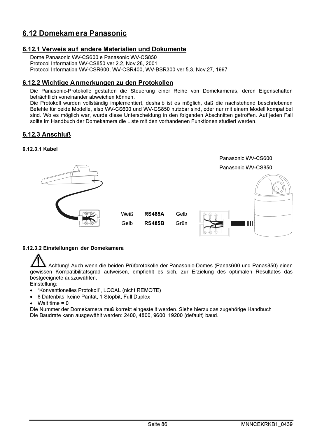 EverFocus EKR-KB1 operating instructions Domekamera Panasonic, Wichtige Anmerkungen zu den Protokollen 