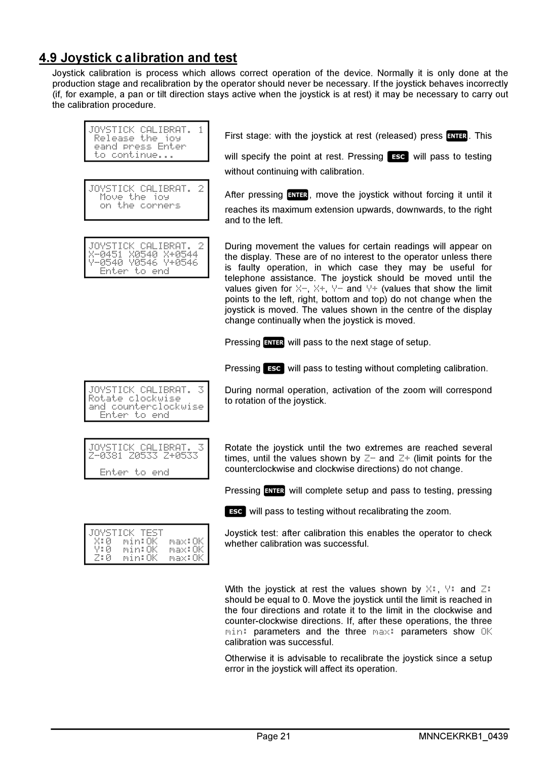 EverFocus EKR-KB1 operating instructions Joystick calibration and test 