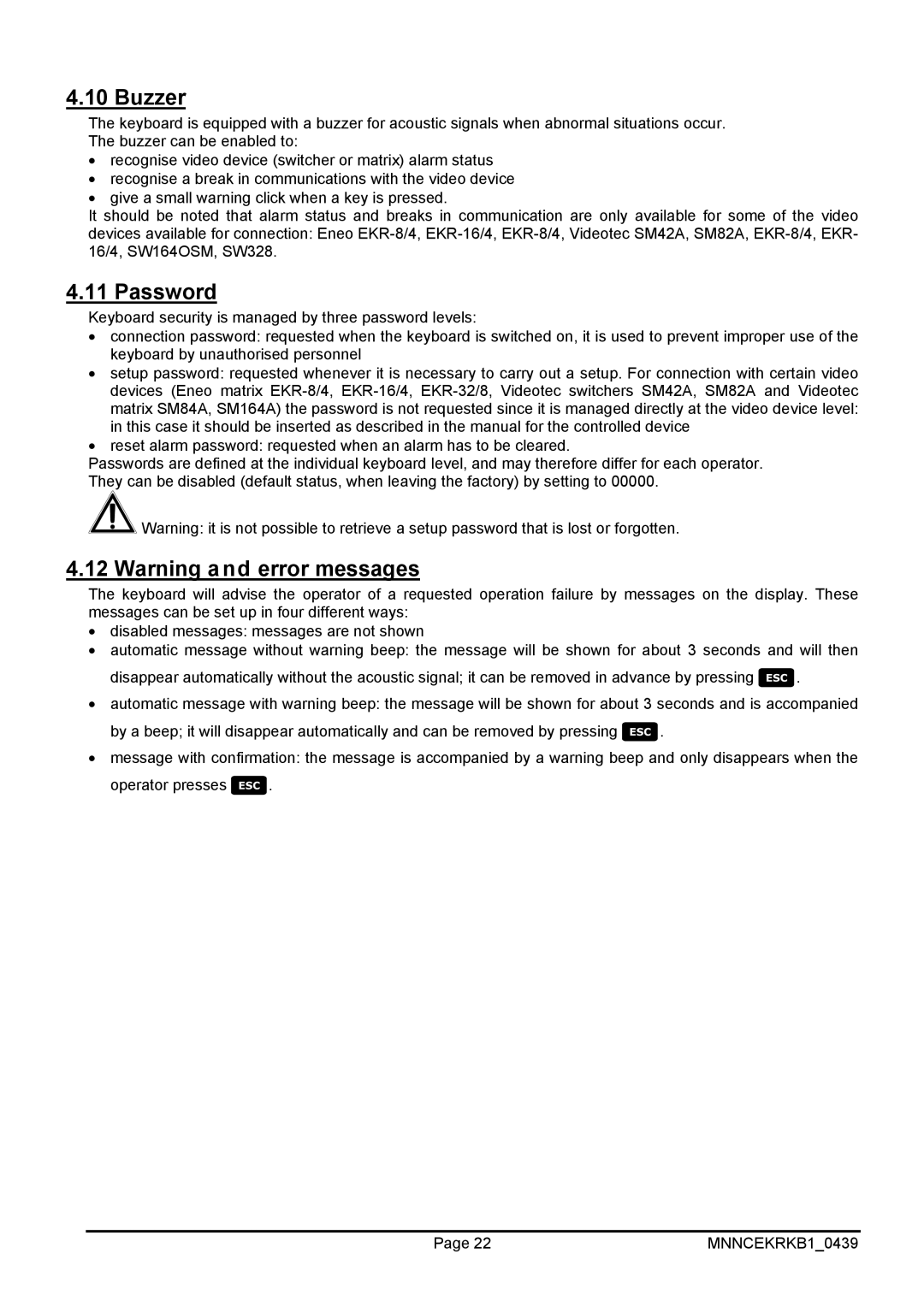 EverFocus EKR-KB1 operating instructions Buzzer, Password 