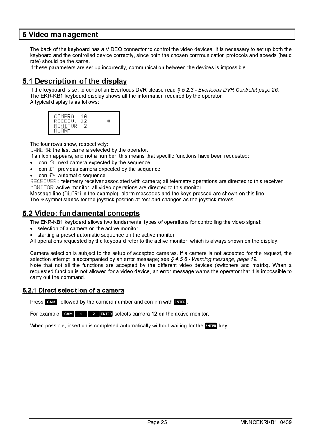 EverFocus EKR-KB1 Video ma nagement, Description of the display, Video fundamental concepts, Direct selection of a camera 