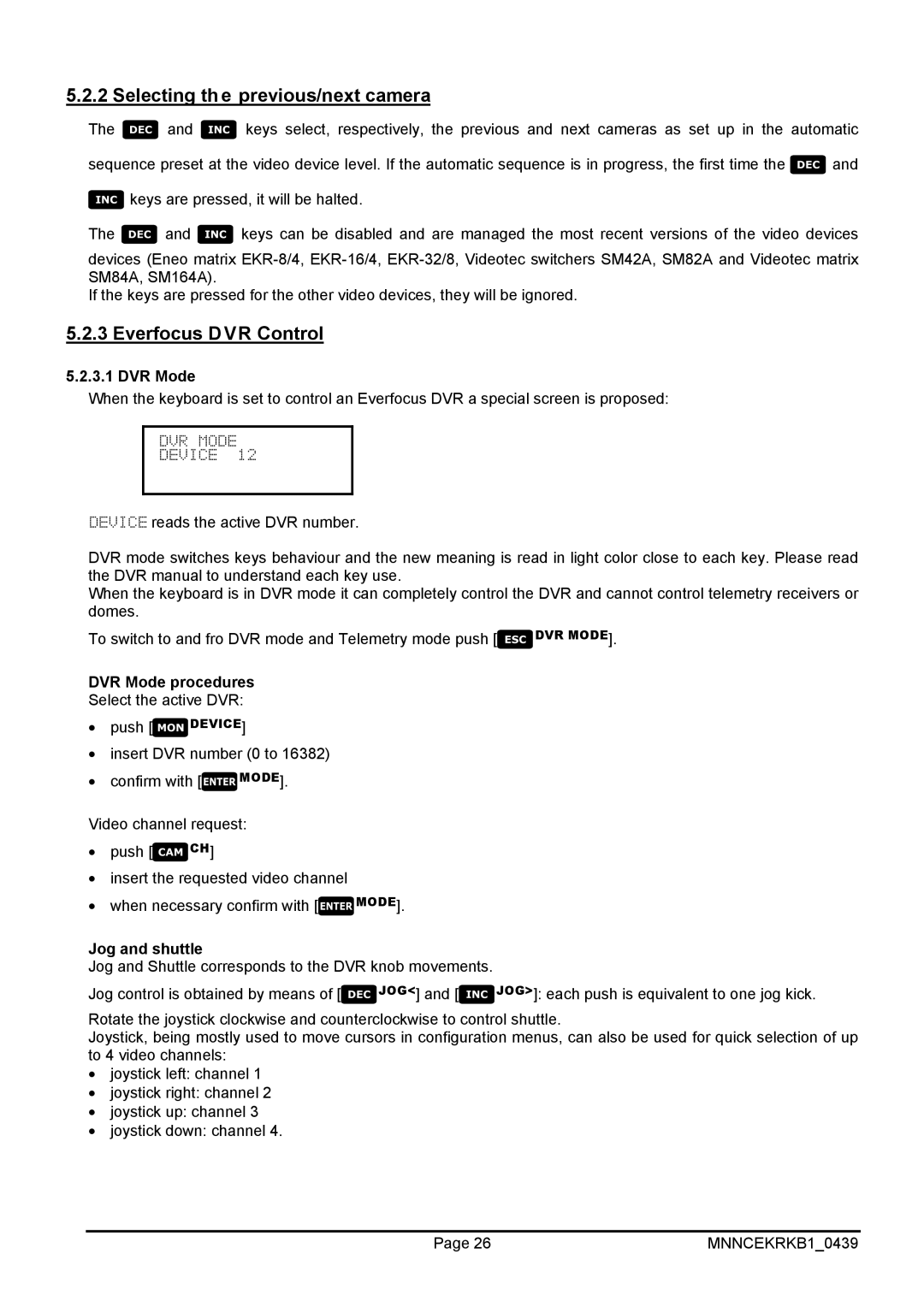 EverFocus EKR-KB1 Selecting the previous/next camera, Everfocus DVR Control, DVR Mode procedures, Jog and shuttle 
