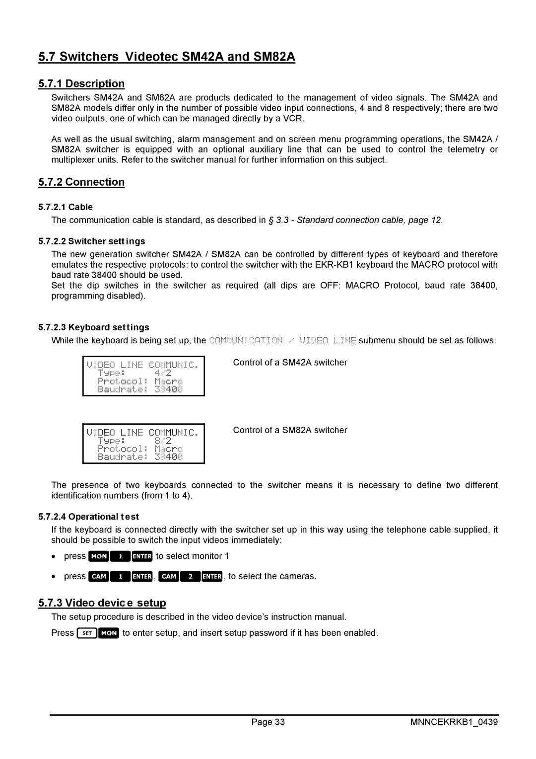 EverFocus EKR-KB1 operating instructions Switchers Videotec SM42A and SM82A, Switcher settings 