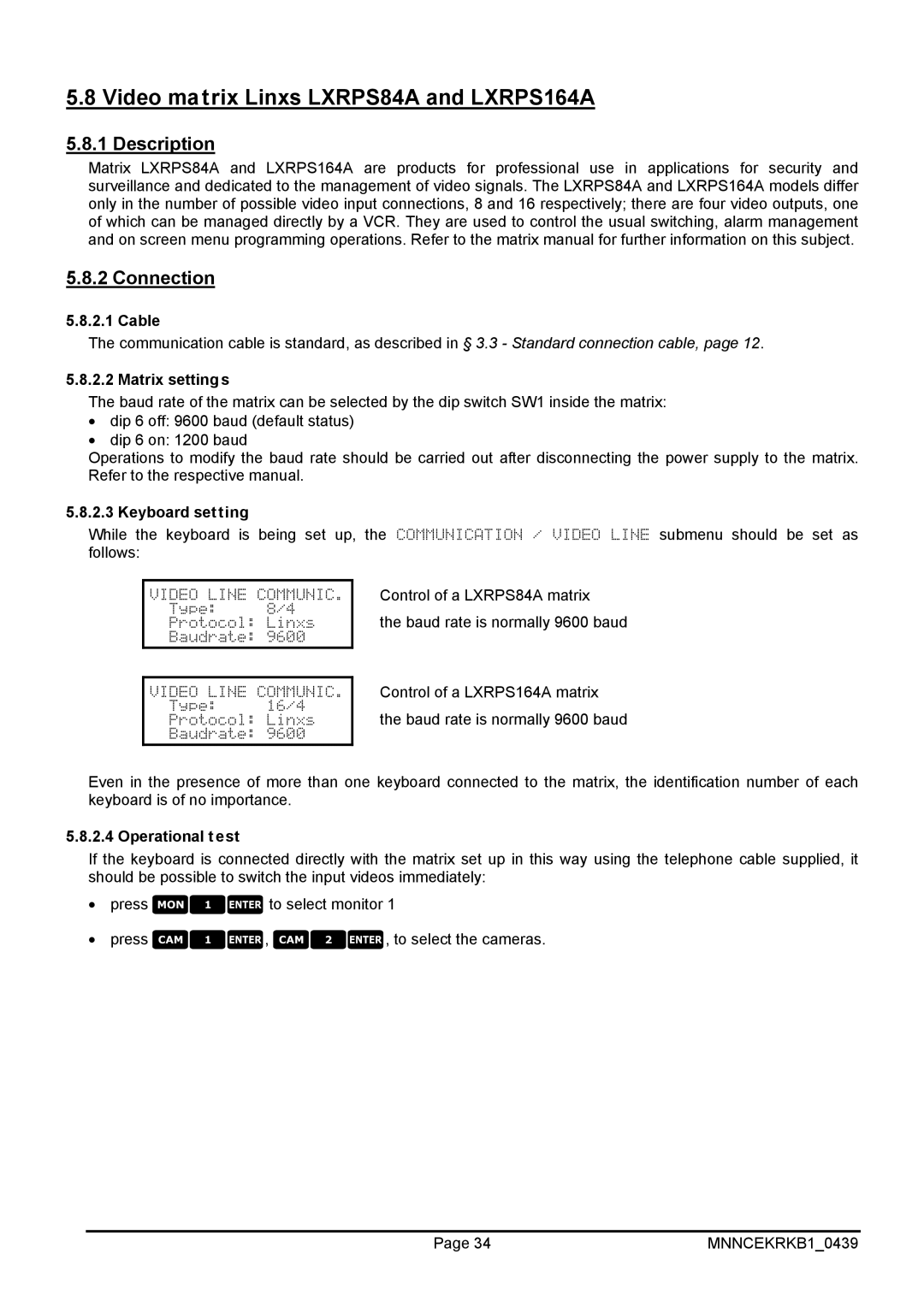 EverFocus EKR-KB1 operating instructions Video matrix Linxs LXRPS84A and LXRPS164A, Keyboard setting 