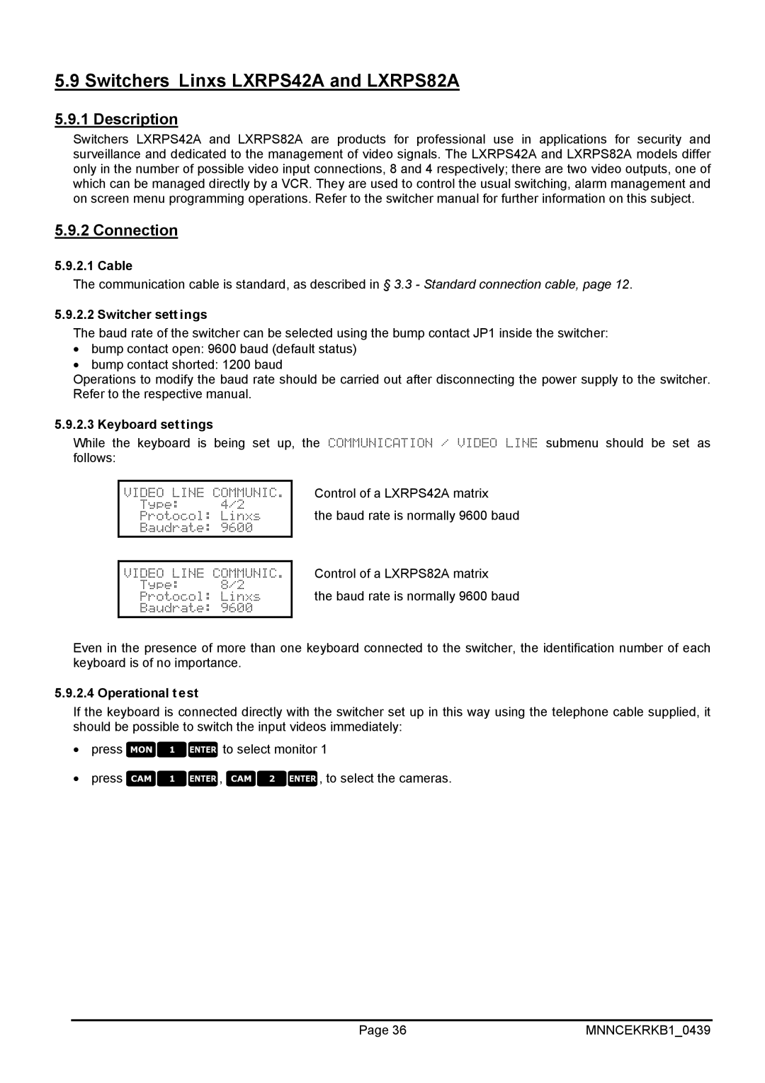 EverFocus EKR-KB1 operating instructions Switchers Linxs LXRPS42A and LXRPS82A, Switcher settings 