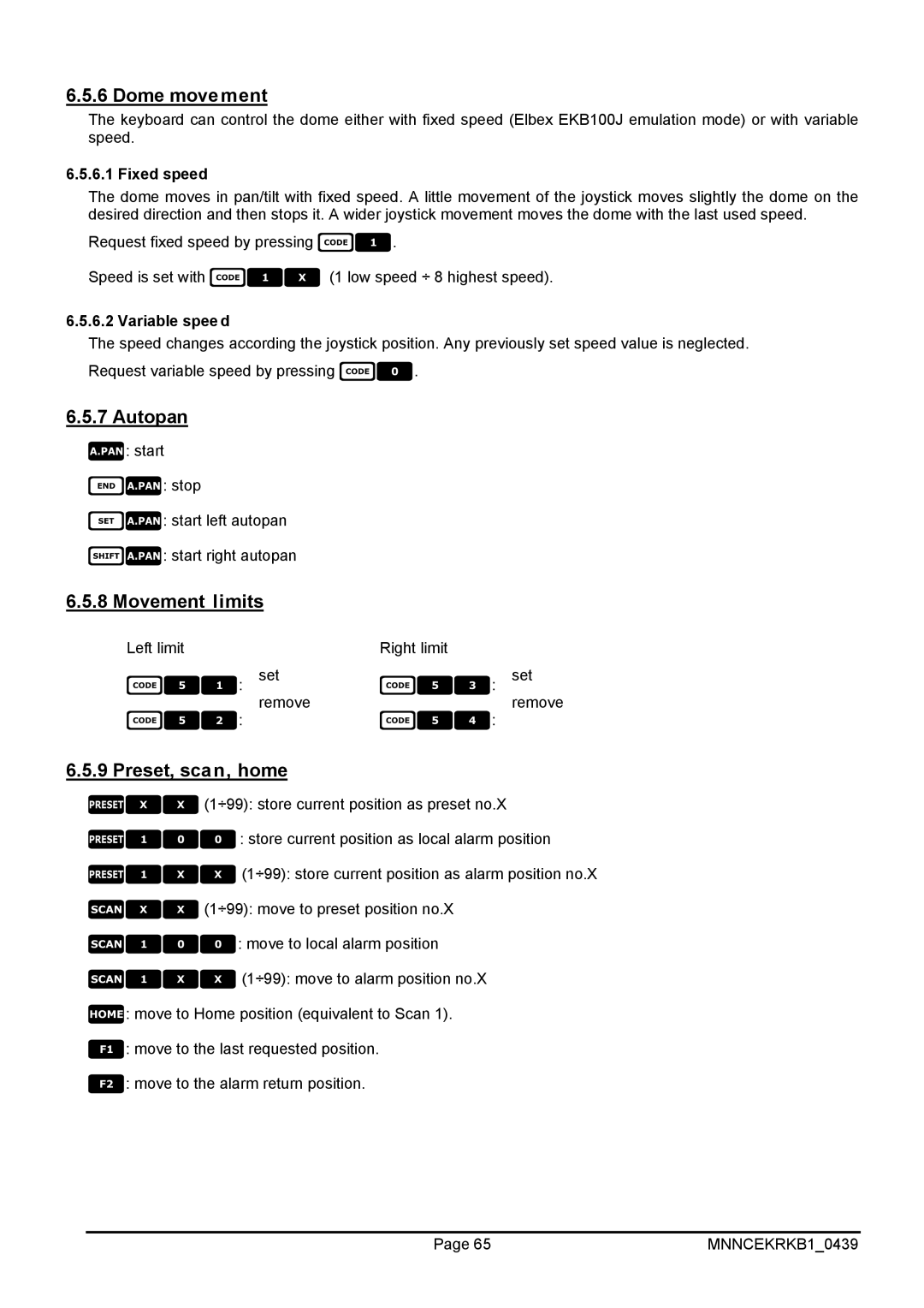 EverFocus EKR-KB1 operating instructions Dome movement, Autopan, Movement limits, Preset, scan, home 