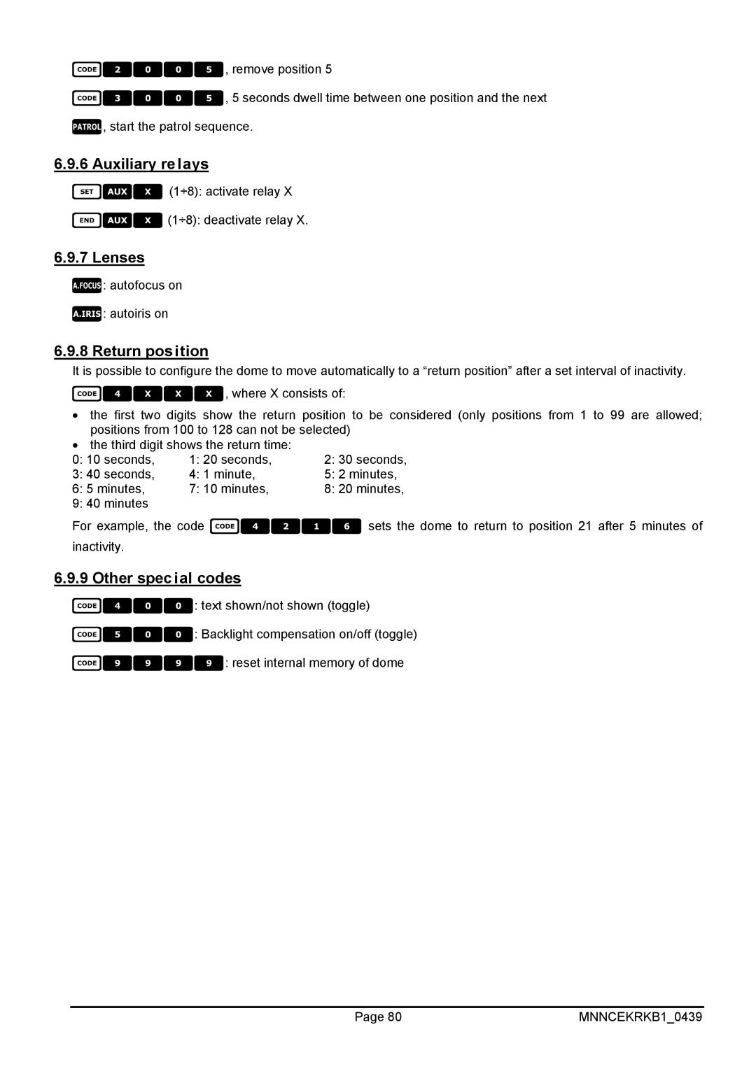 EverFocus EKR-KB1 operating instructions Return position, Other special codes 