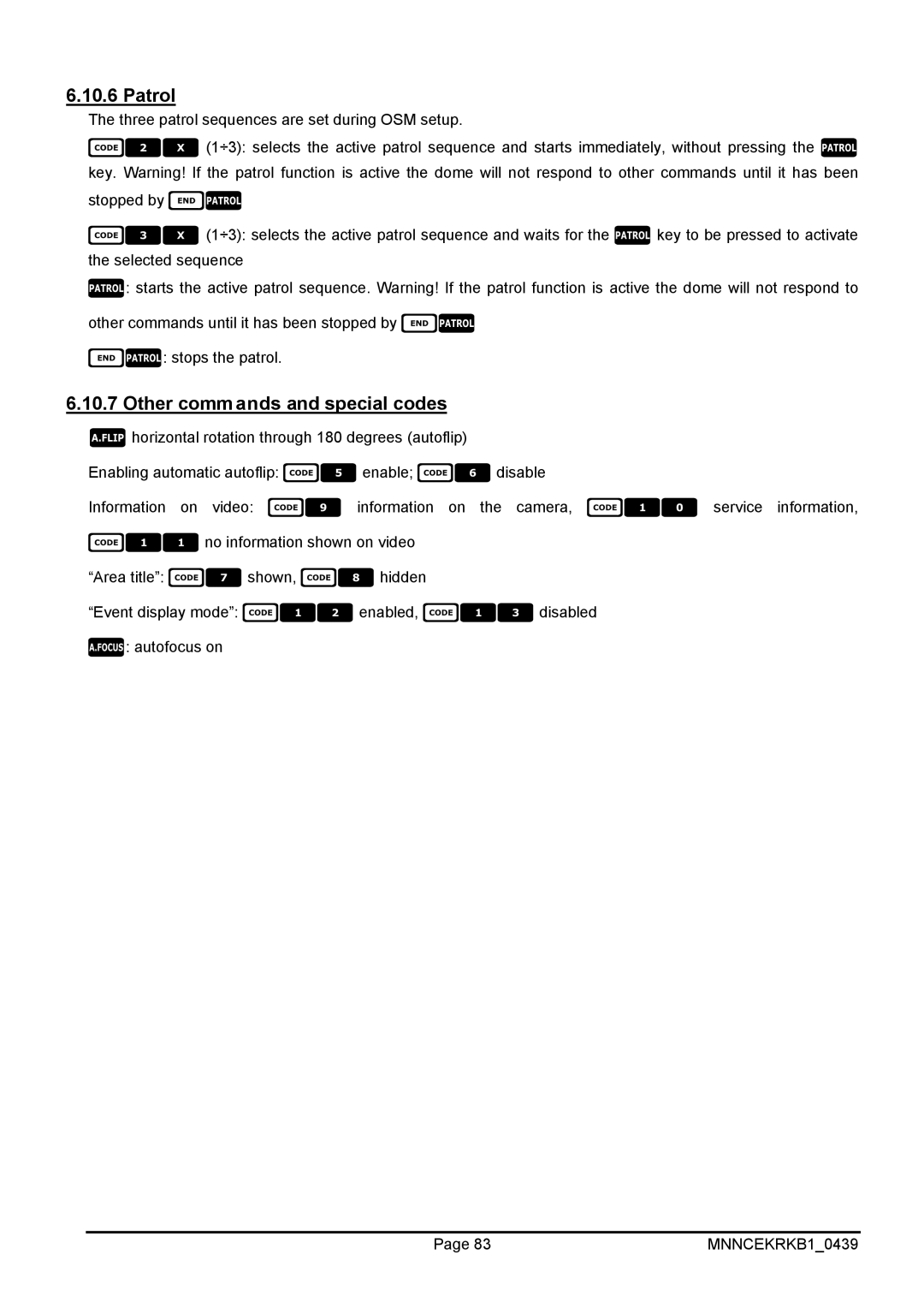 EverFocus EKR-KB1 operating instructions Patrol, Other commands and special codes 