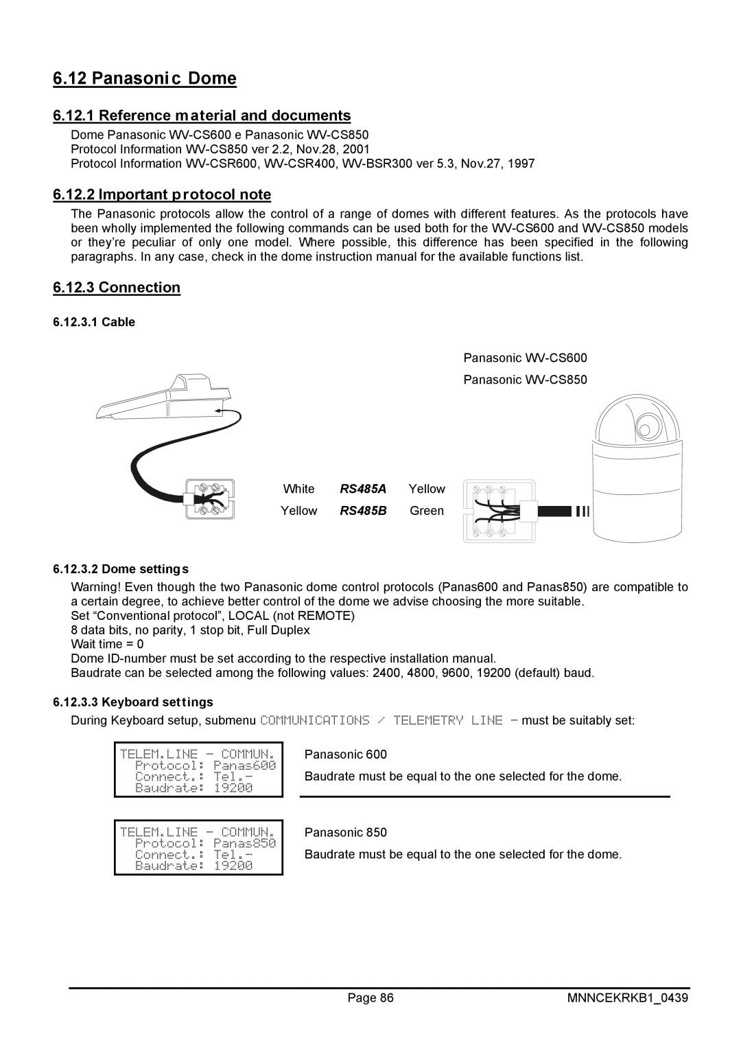 EverFocus EKR-KB1 operating instructions Panasonic Dome, Important protocol note Connection 