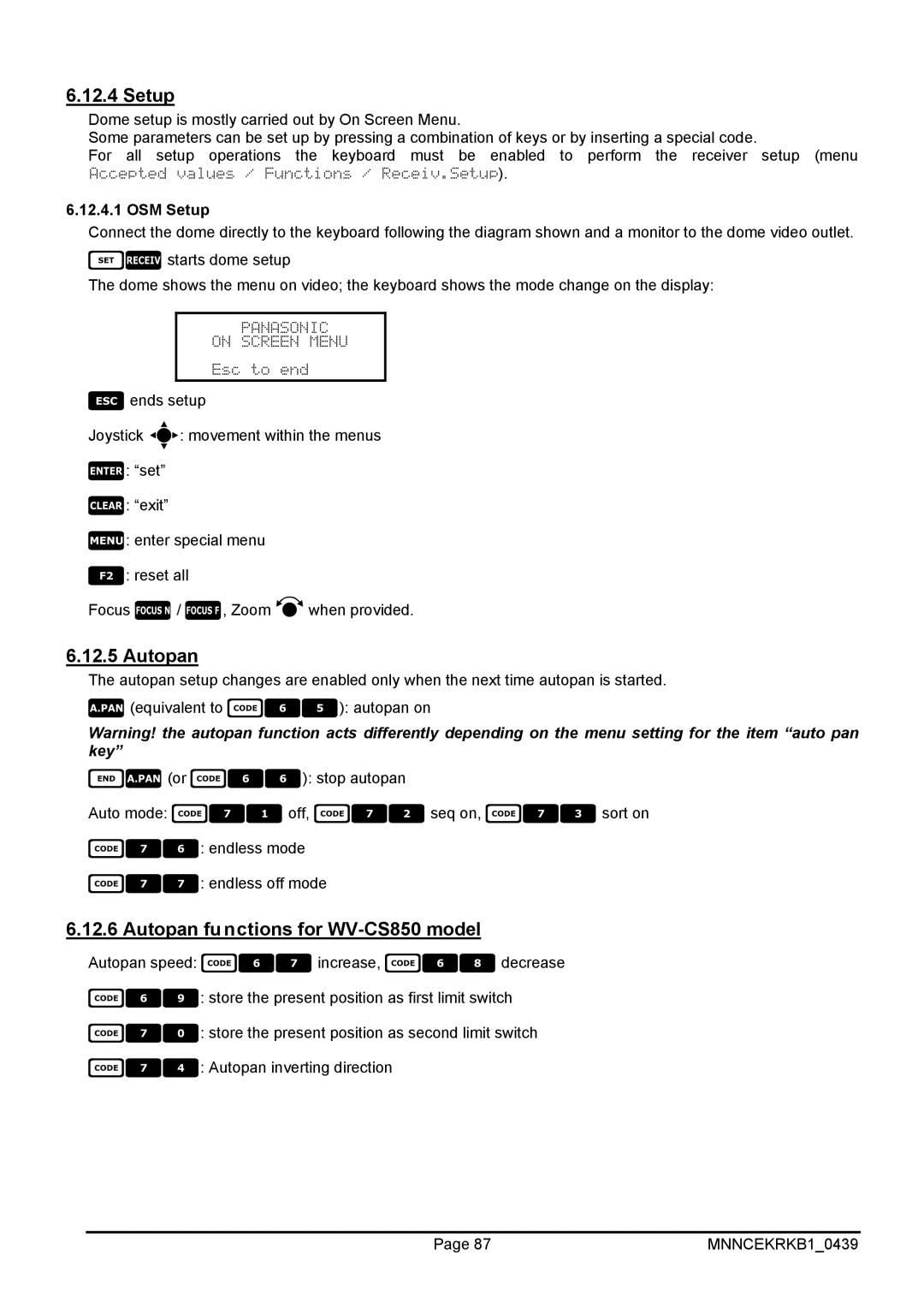 EverFocus EKR-KB1 operating instructions Setup, Autopan functions for WV-CS850 model 