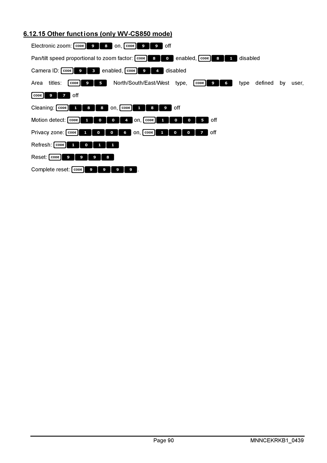 EverFocus EKR-KB1 operating instructions off, Other functions only WV-CS850 mode 