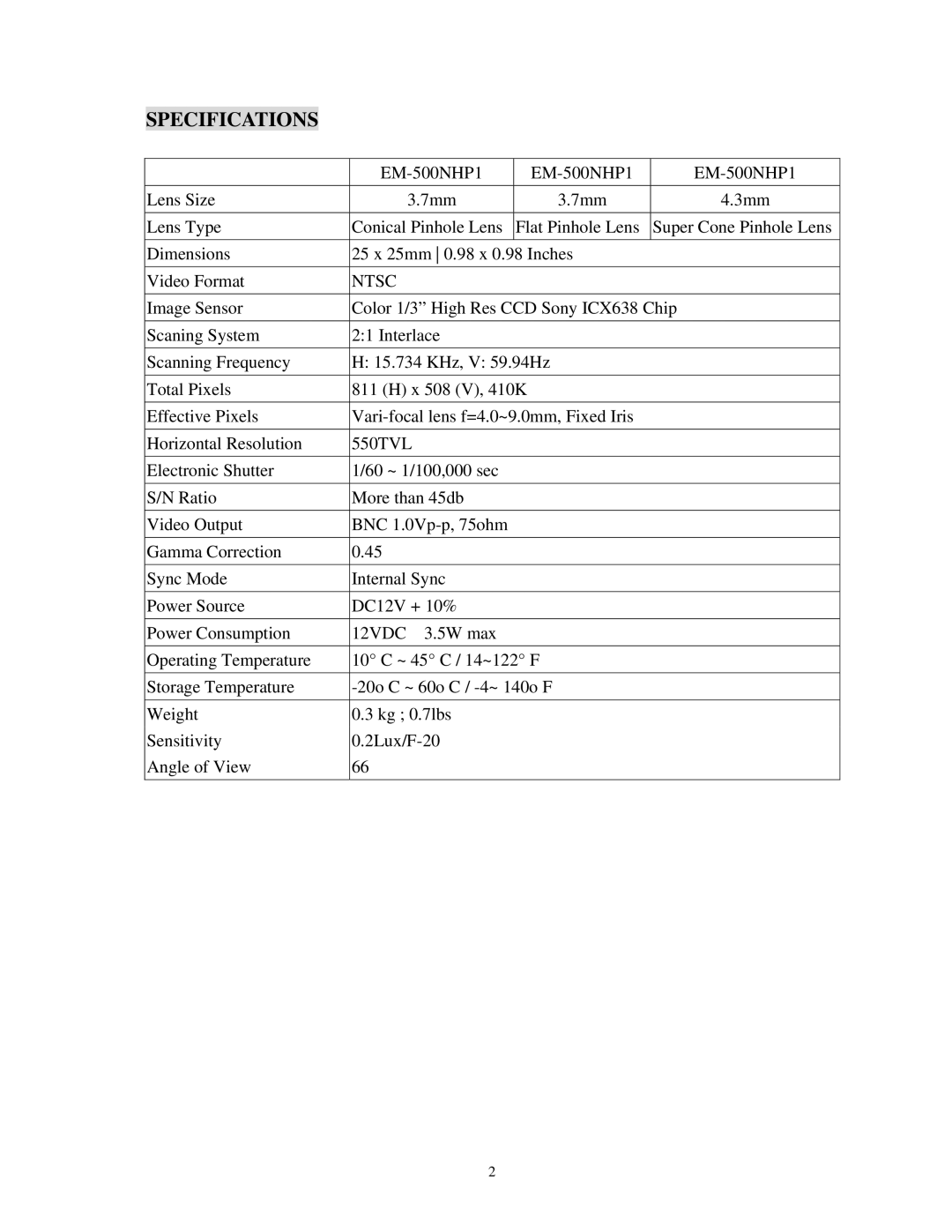 EverFocus EM500NH P3, EM500NH P2, EM500NH P1 specifications Specifications, Ntsc 