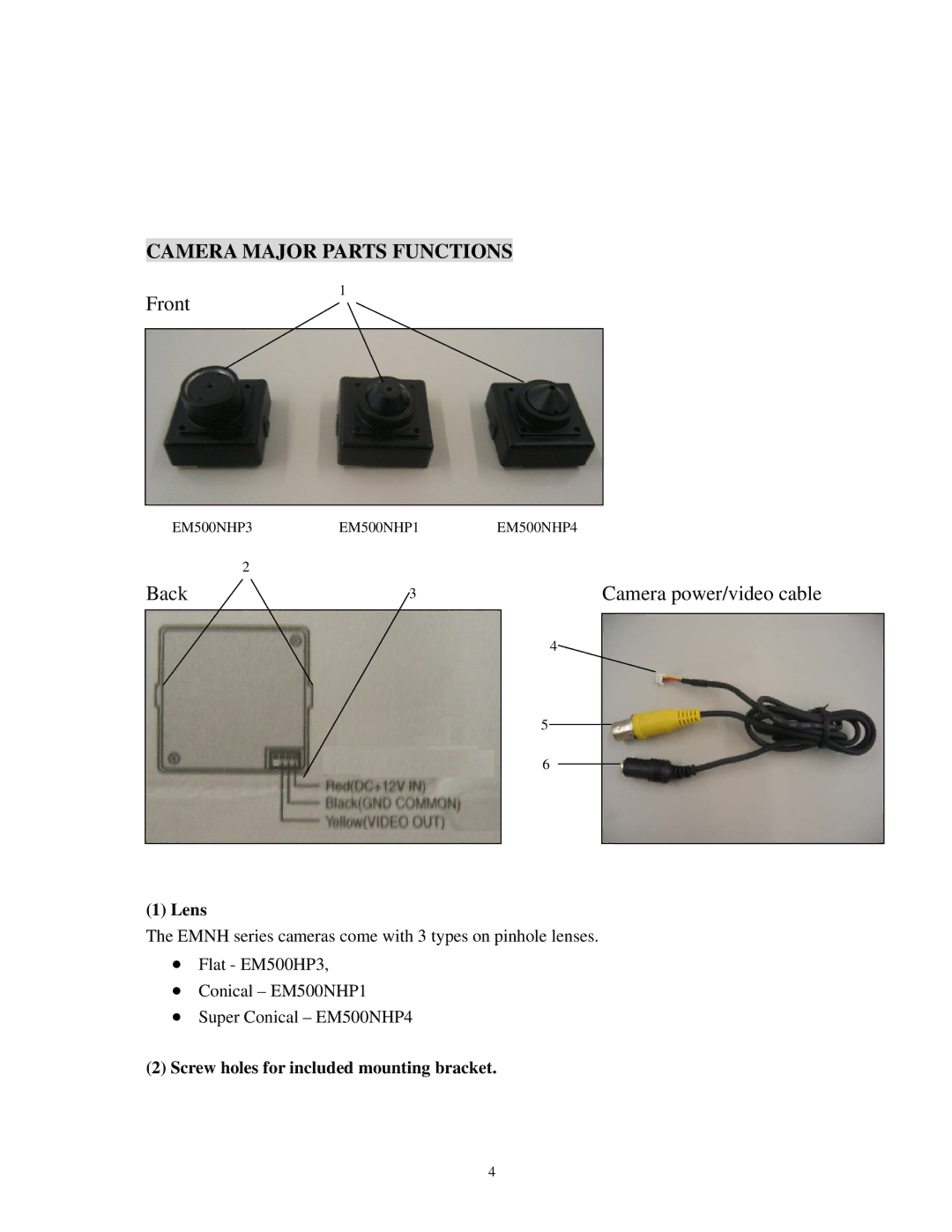 EverFocus EM500NH P1, EM500NH P3, EM500NH P2 Camera Major Parts Functions, Lens, Screw holes for included mounting bracket 