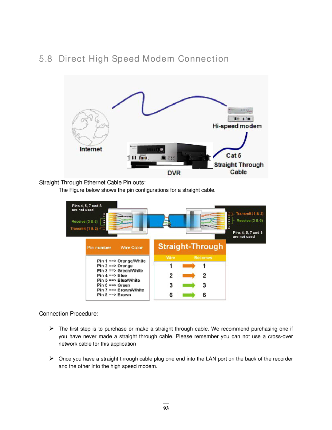 EverFocus EMV1200 user manual Direct High Speed Modem Connection, Straight Through Ethernet Cable Pin outs 