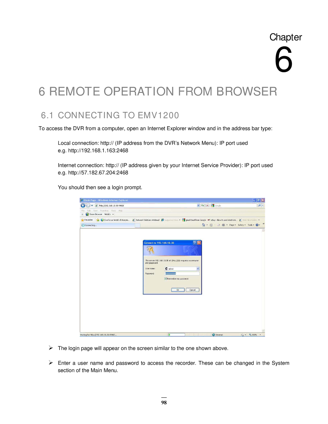 EverFocus user manual Remote Operation from Browser, Connecting to EMV1200 