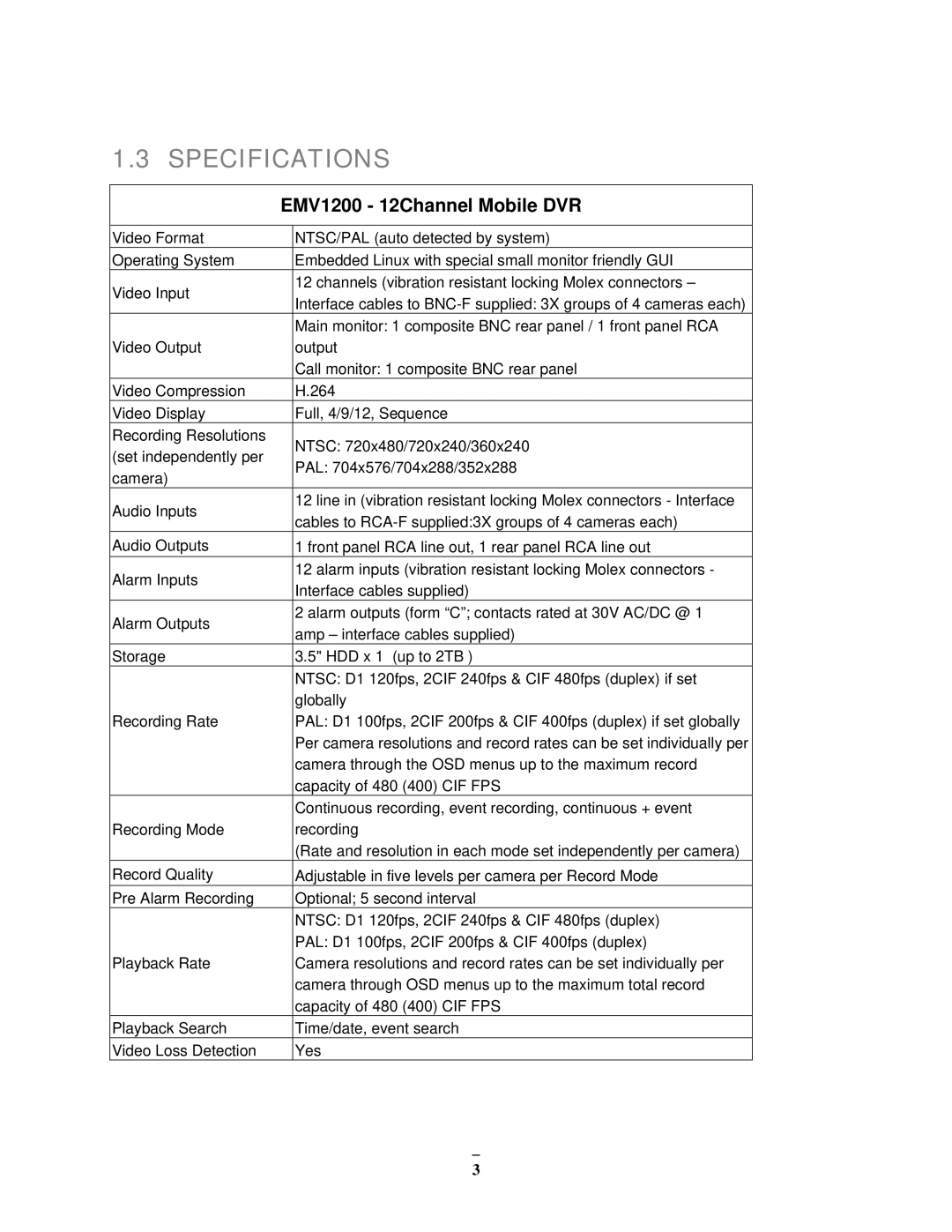 EverFocus user manual Specifications, EMV1200 12Channel Mobile DVR 