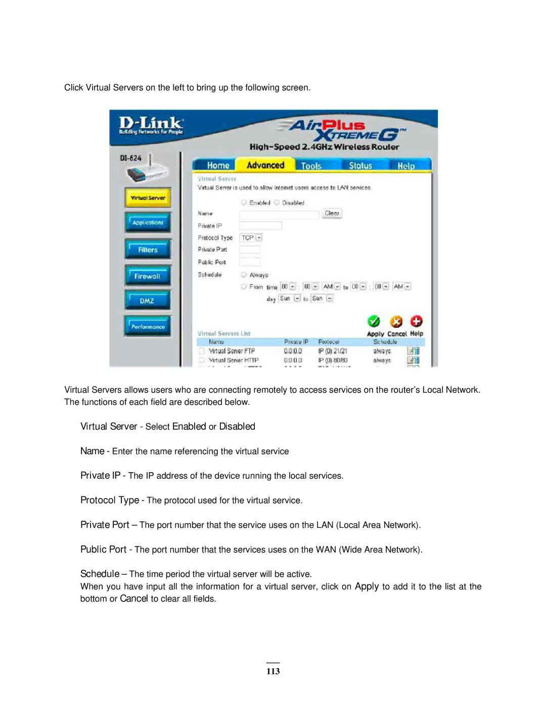 EverFocus EMV1200 user manual Virtual Server Select Enabled or Disabled 