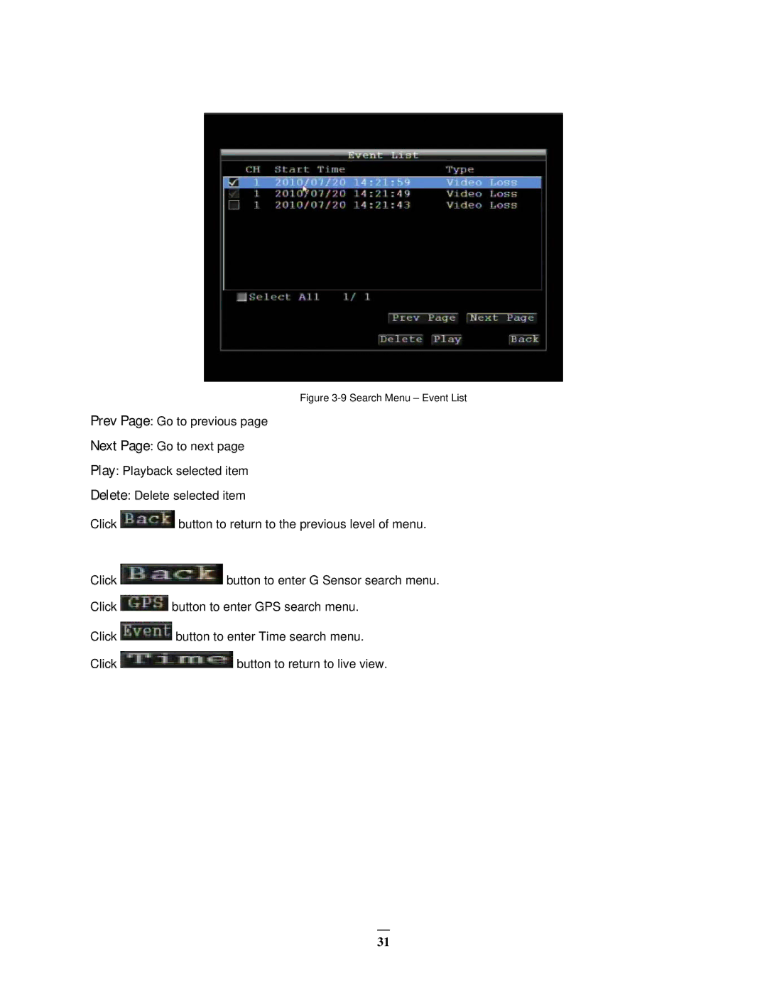 EverFocus EMV1200 user manual Search Menu Event List 