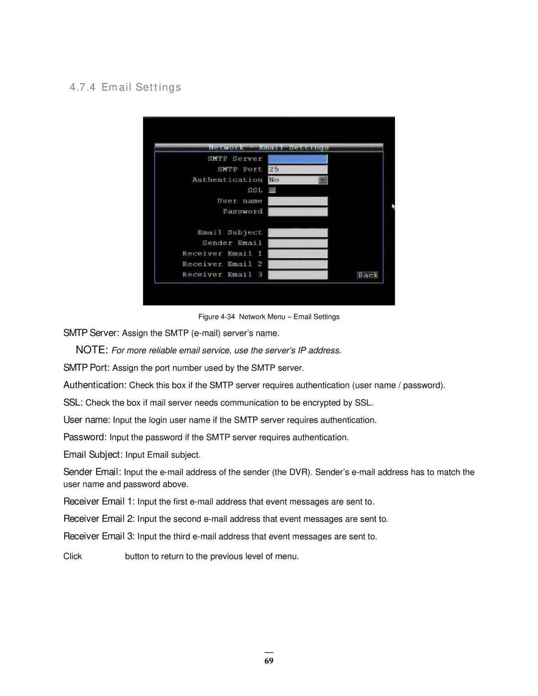 EverFocus EMV1200 user manual Network Menu Email Settings 