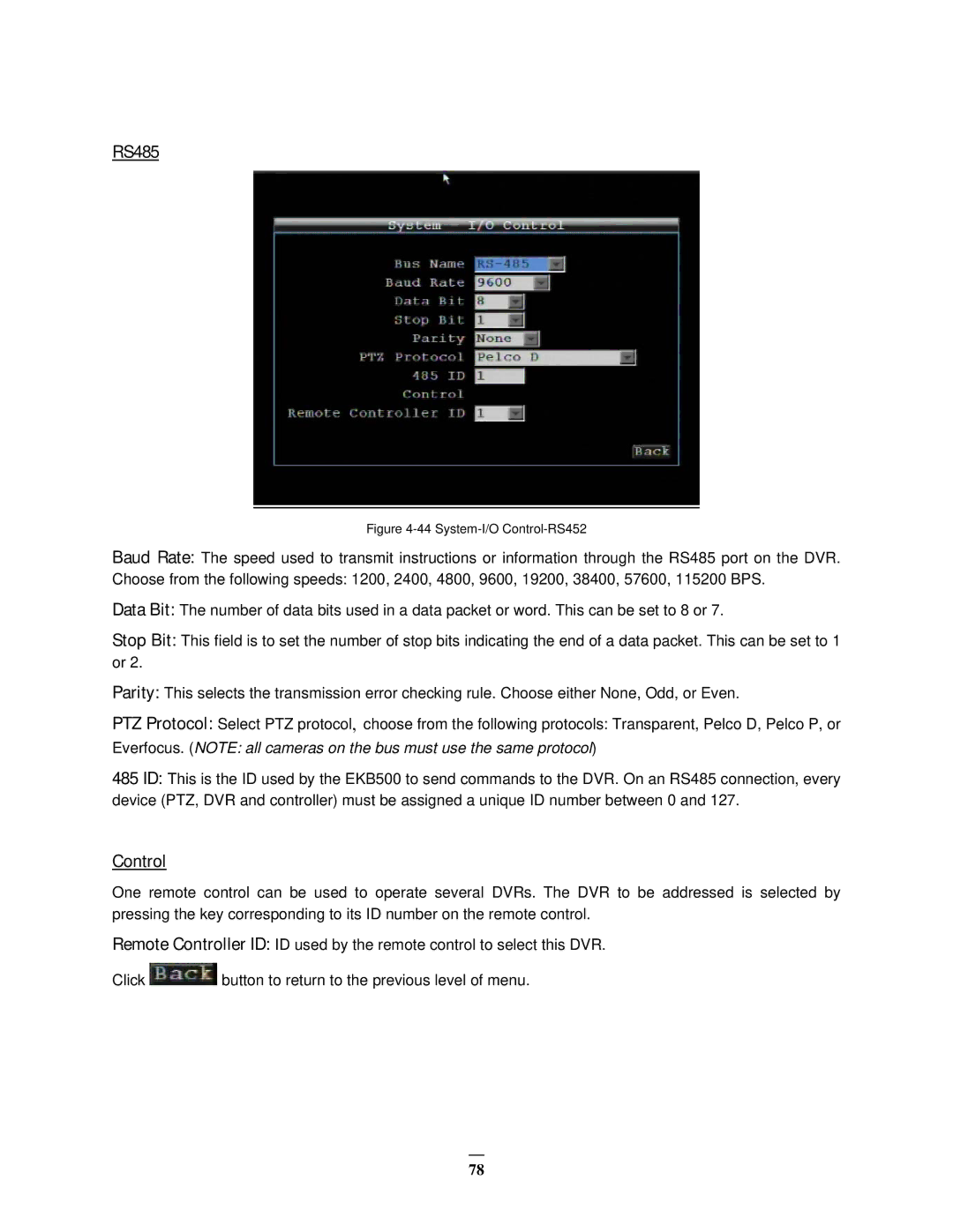 EverFocus EMV1200 user manual RS485, Control 