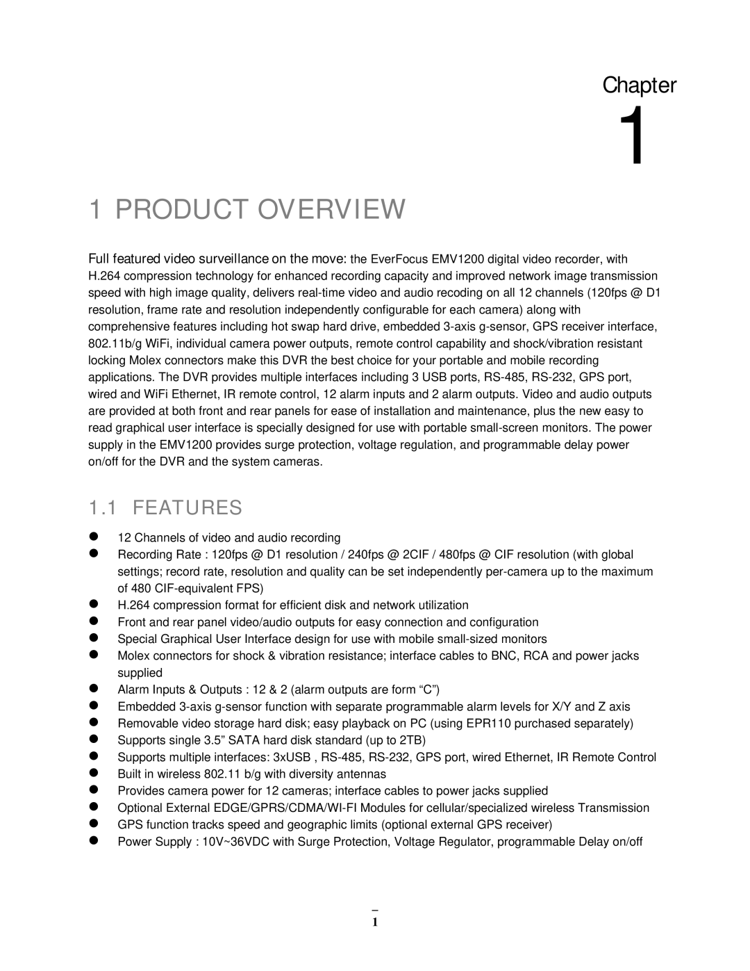 EverFocus EMV1200 user manual Product Overview, Features 