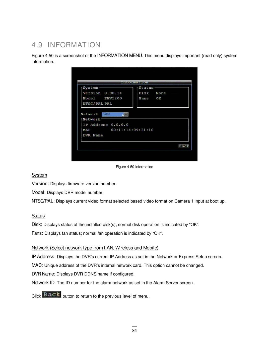 EverFocus EMV1200 user manual Information, System, Status, Network Select network type from LAN, Wireless and Mobile 