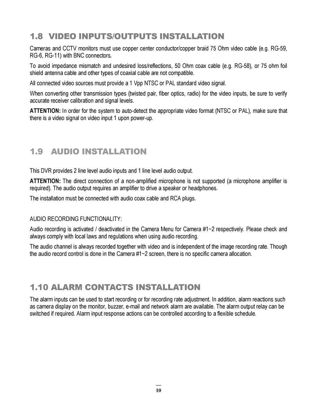 EverFocus EMV200 user manual Video INPUTS/OUTPUTS Installation, Alarm Contacts Installation 