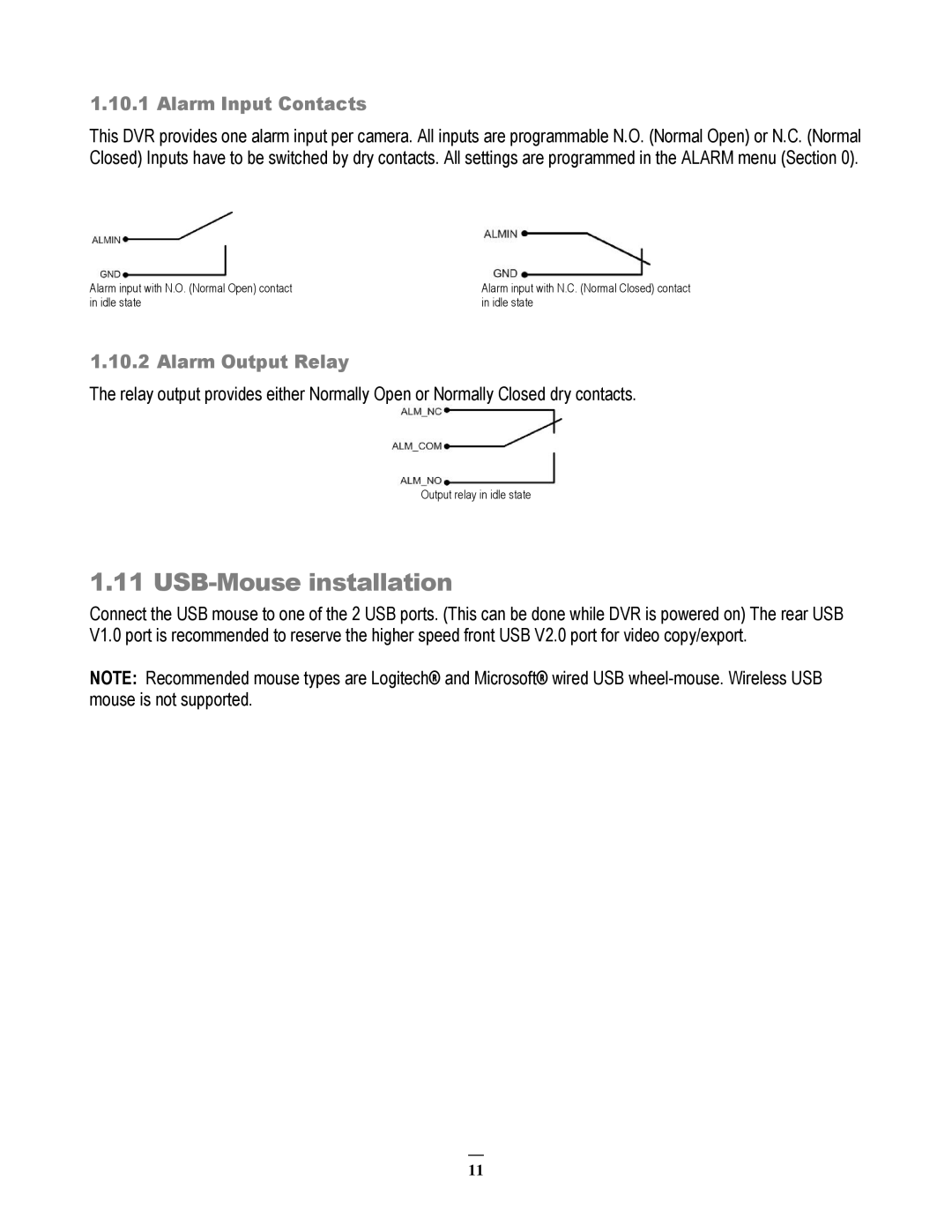 EverFocus EMV200 user manual USB-Mouse installation, Alarm Input Contacts, Alarm Output Relay 