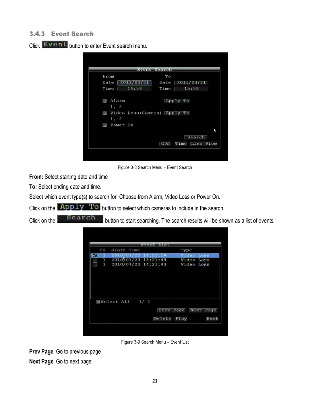 EverFocus EMV200 user manual Event Search, Prev Page Go to previous Next Page Go to next 