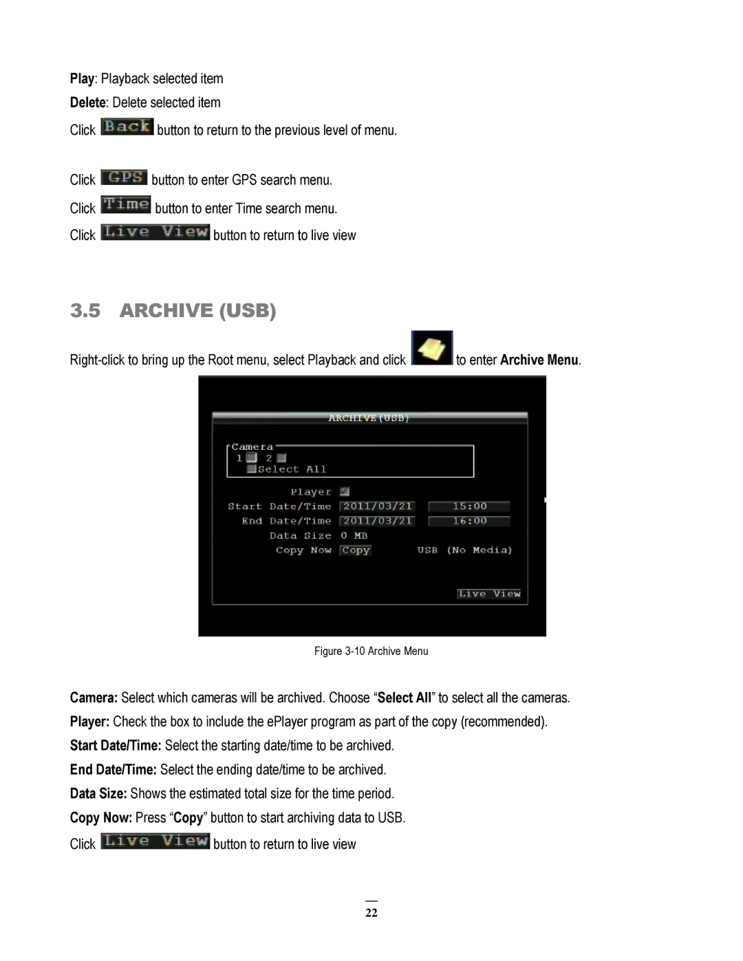 EverFocus EMV200 user manual Archive USB, Archive Menu 