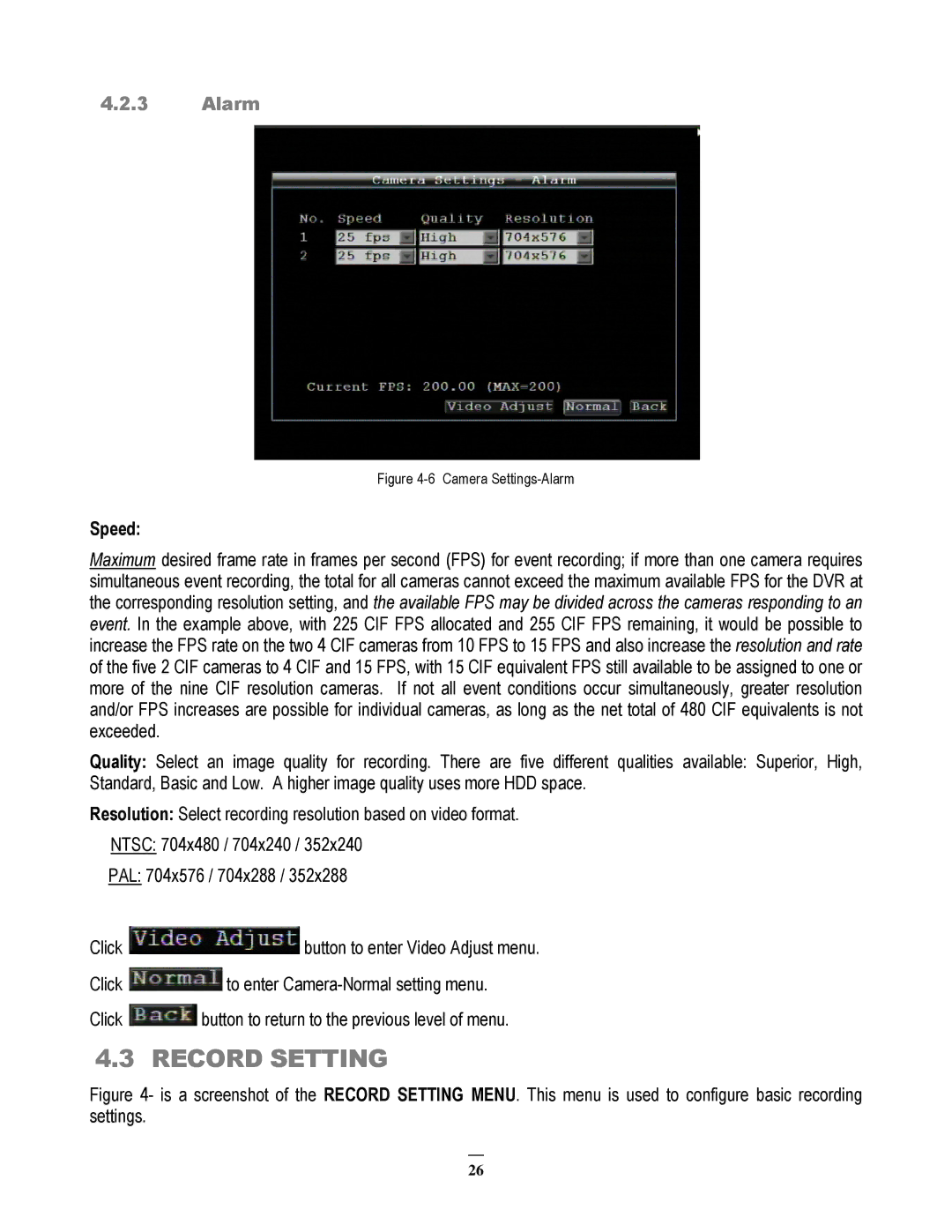 EverFocus EMV200 user manual Record Setting, Alarm, Speed 