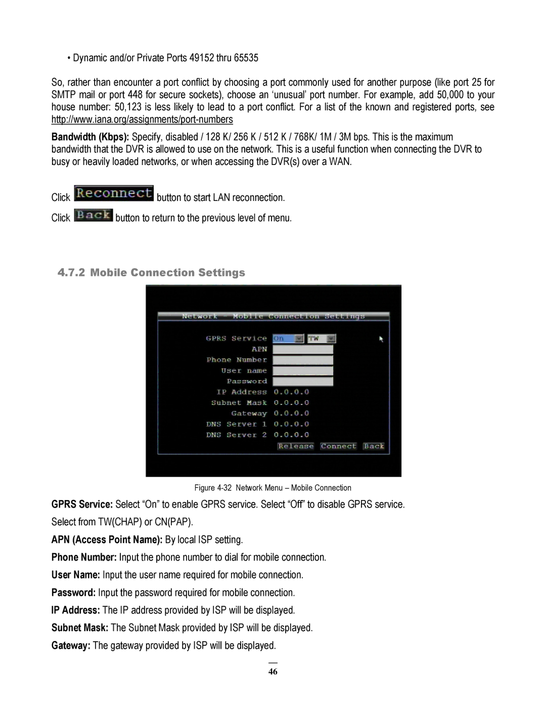 EverFocus EMV200 user manual Dynamic and/or Private Ports 49152 thru, Mobile Connection Settings 