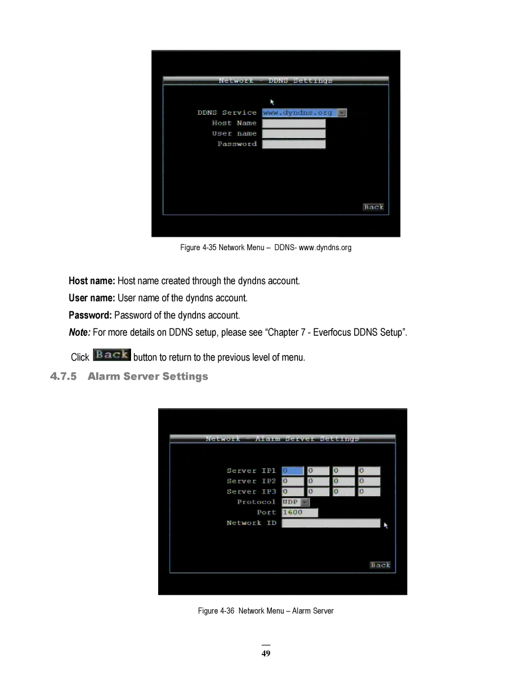 EverFocus EMV200 user manual Alarm Server Settings, Network Menu Alarm Server 